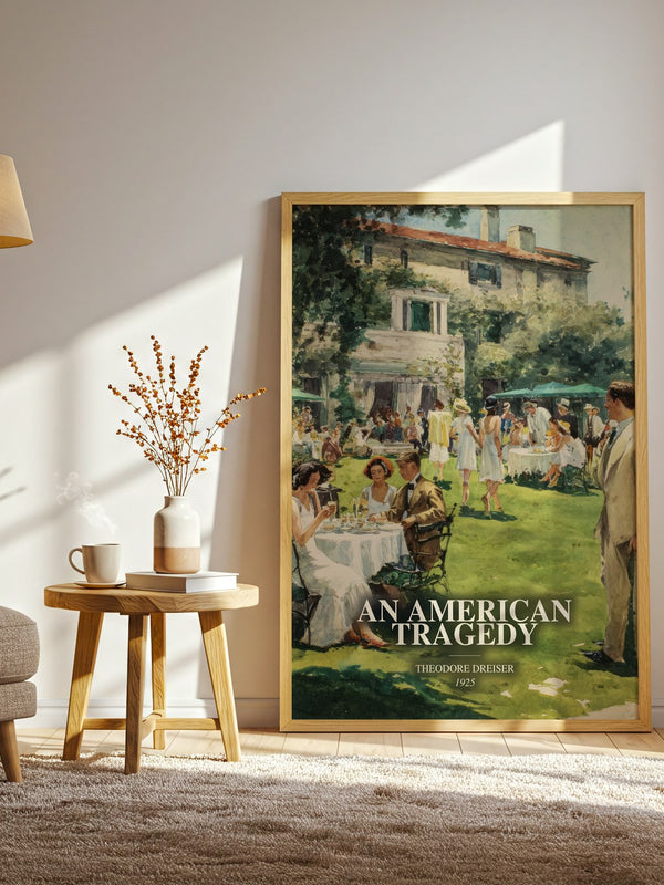 An American Tragedy watercolour print in frame leaning in hallway – literary fiction wall art