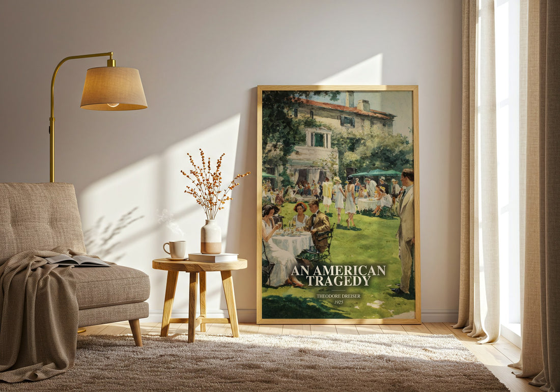 An American Tragedy watercolour print in frame leaning in hallway – literary fiction wall art (mockup)