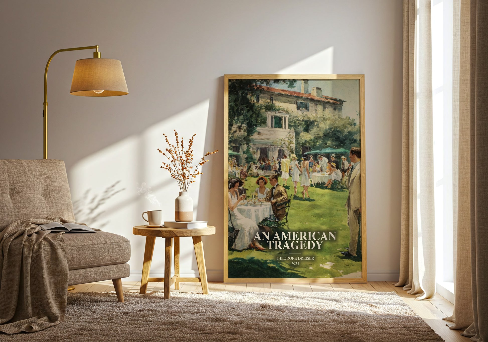 An American Tragedy watercolour print in frame leaning in hallway – literary fiction wall art