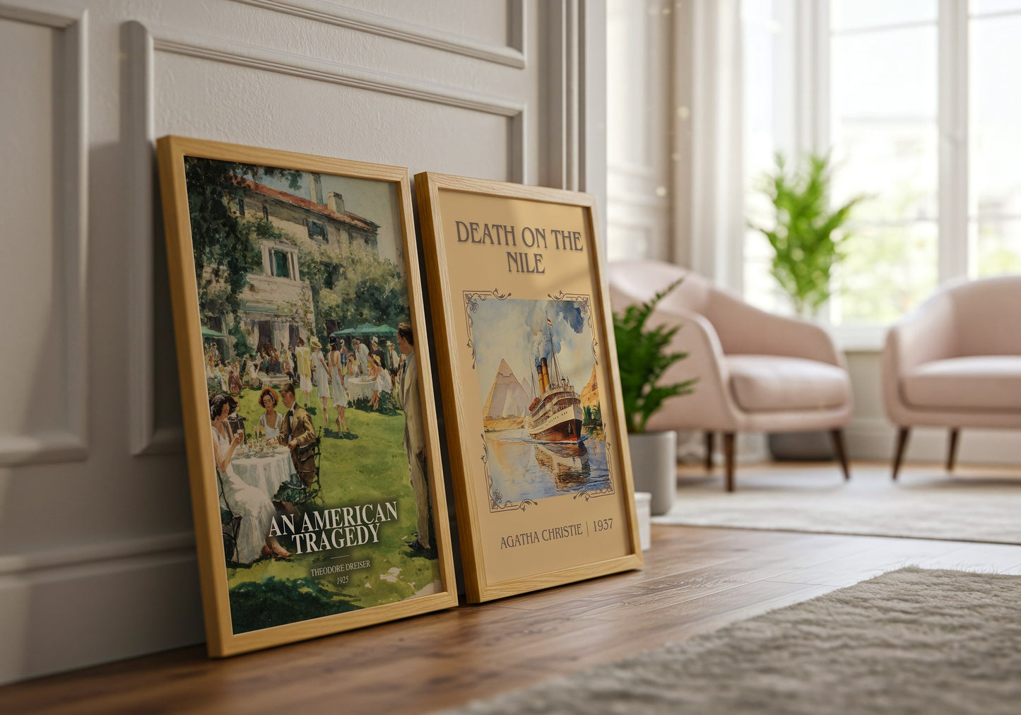 An American Tragedy watercolour print framed by window – literary home decor