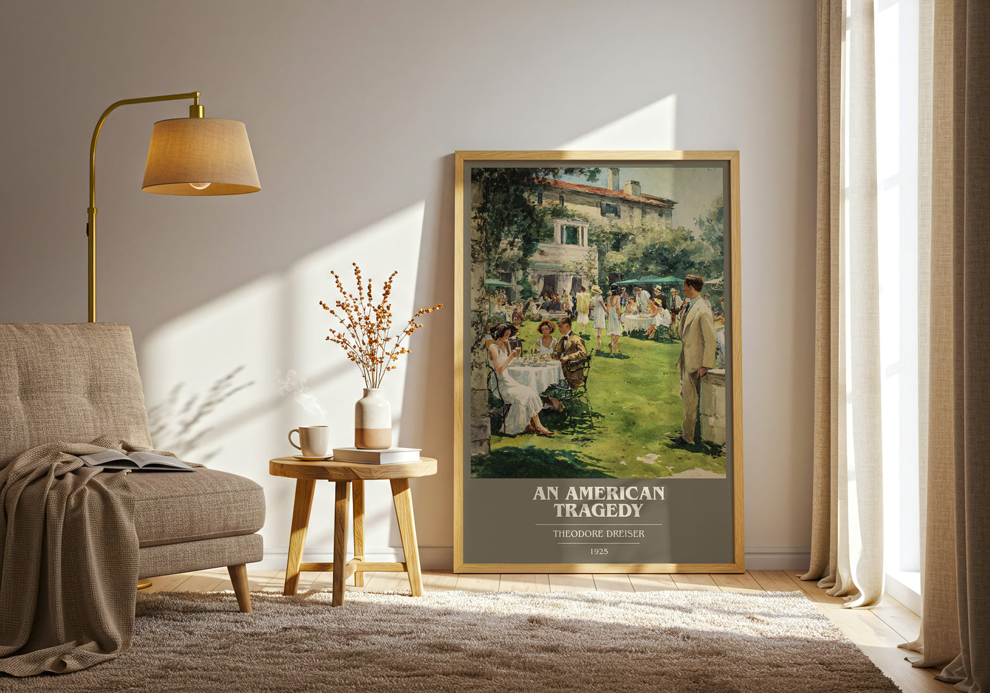 An American Tragedy book cover print framed by window – literary home decor