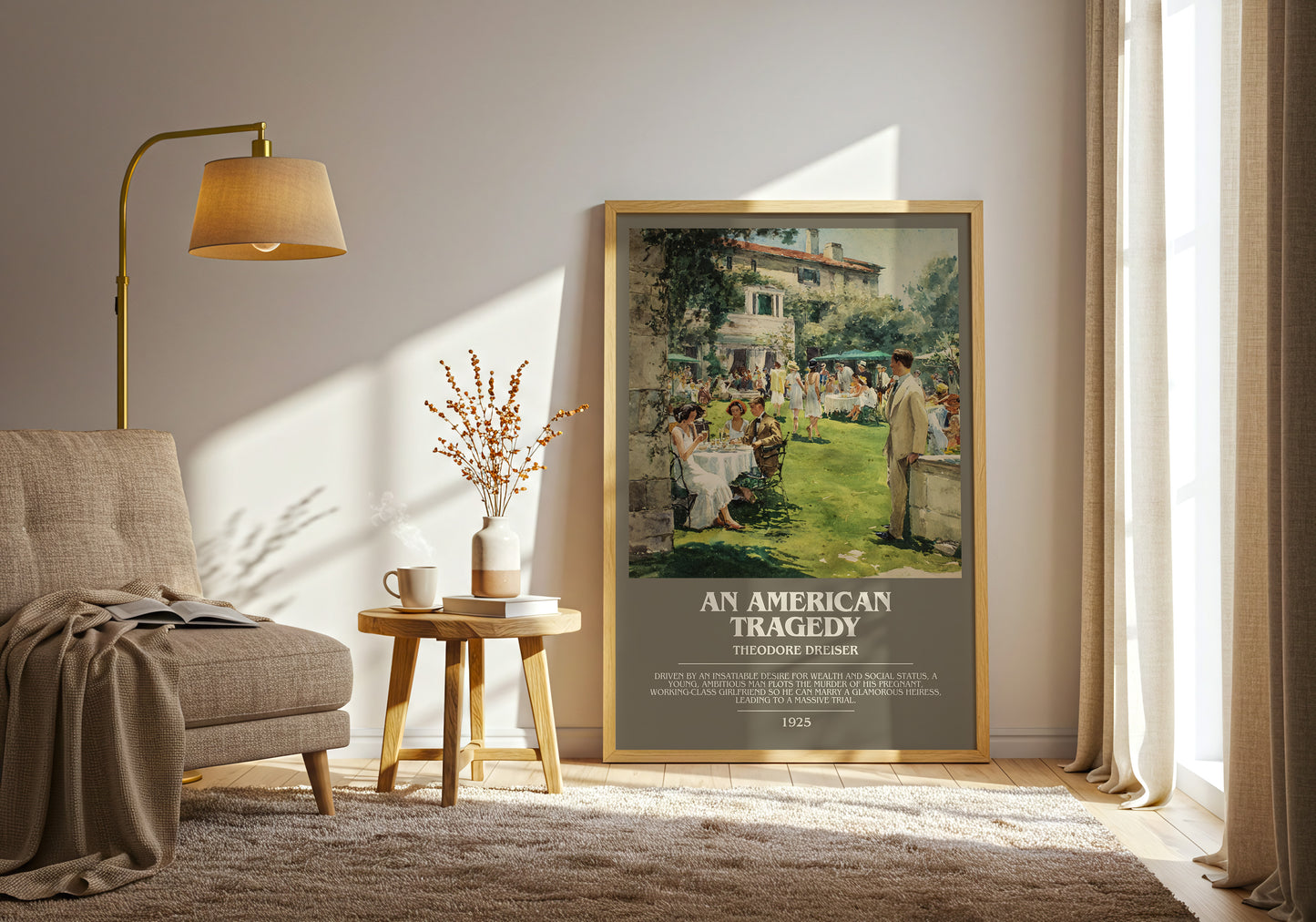 An American Tragedy bookish print framed by window – literary home decor