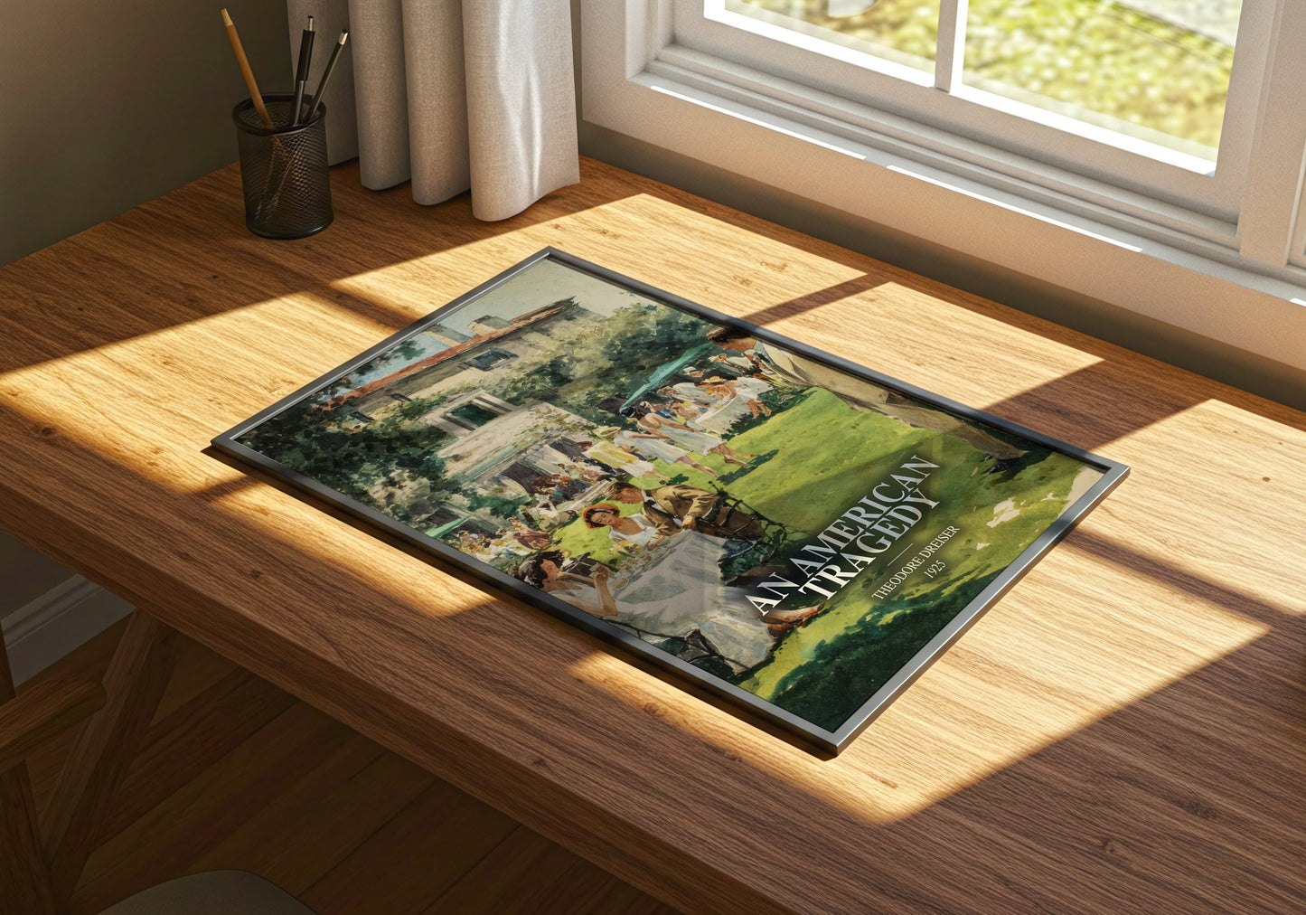 An American Tragedy watercolour book poster framed on wall – literary fiction wall art