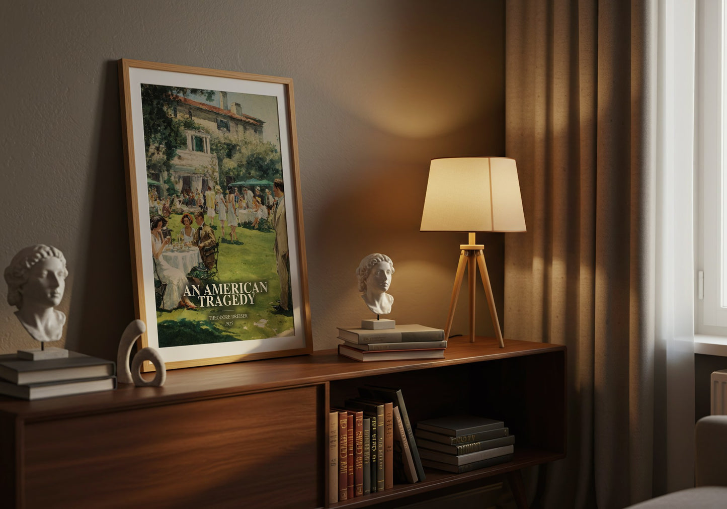 An American Tragedy watercolour print on bookshelf – Theodore Dreiser fan gift