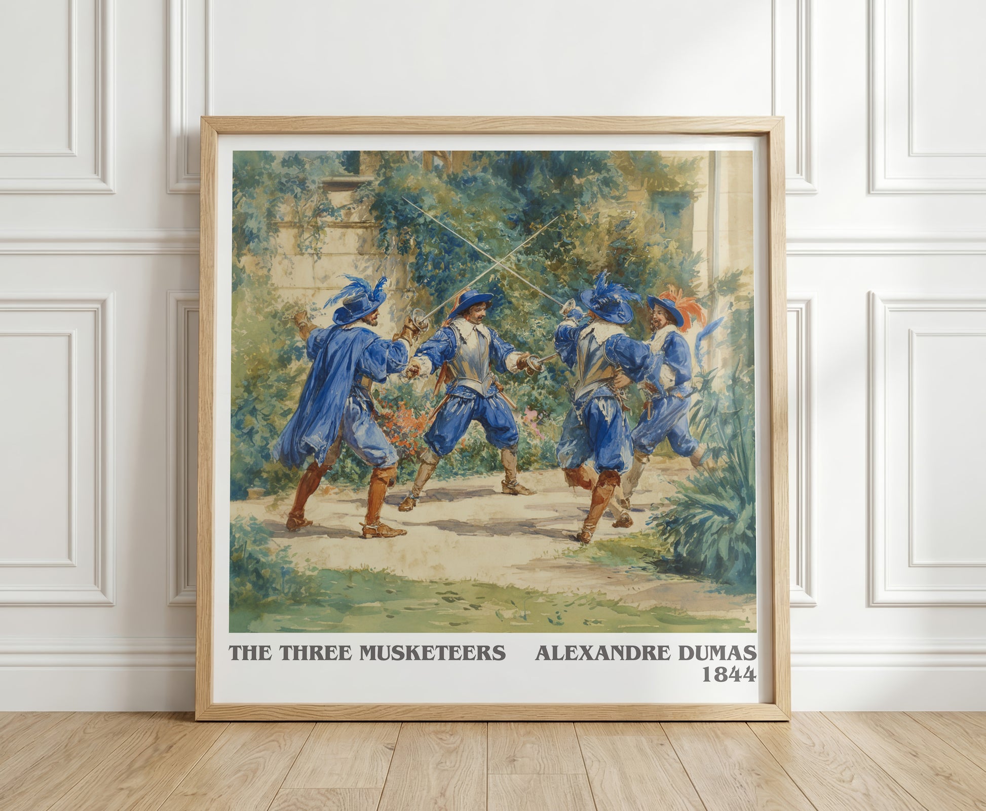 The Three Musketeers literary print in frame leaning in hallway – adventure wall art