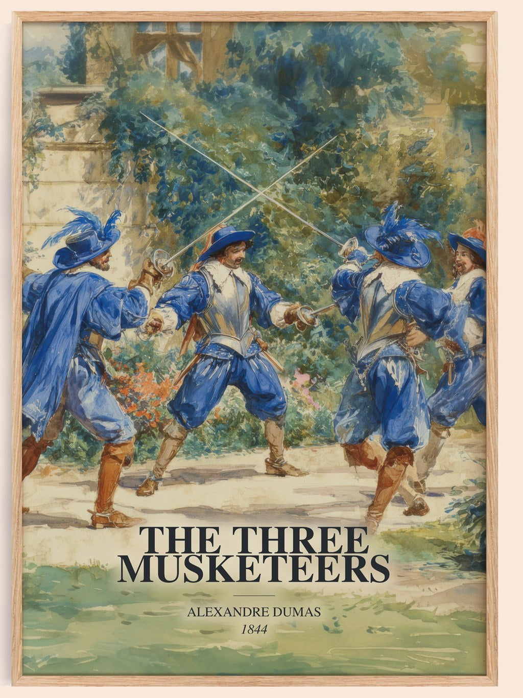 The Three Musketeers watercolour book poster by Alexandre Dumas – framed literary art print