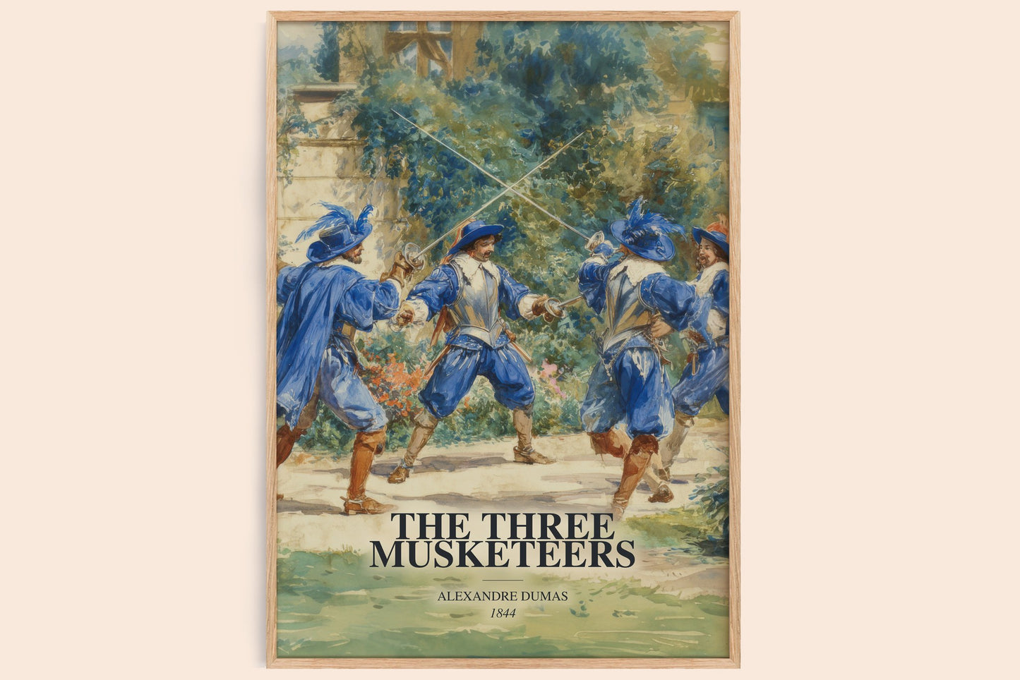 The Three Musketeers watercolour book poster by Alexandre Dumas – framed literary art print