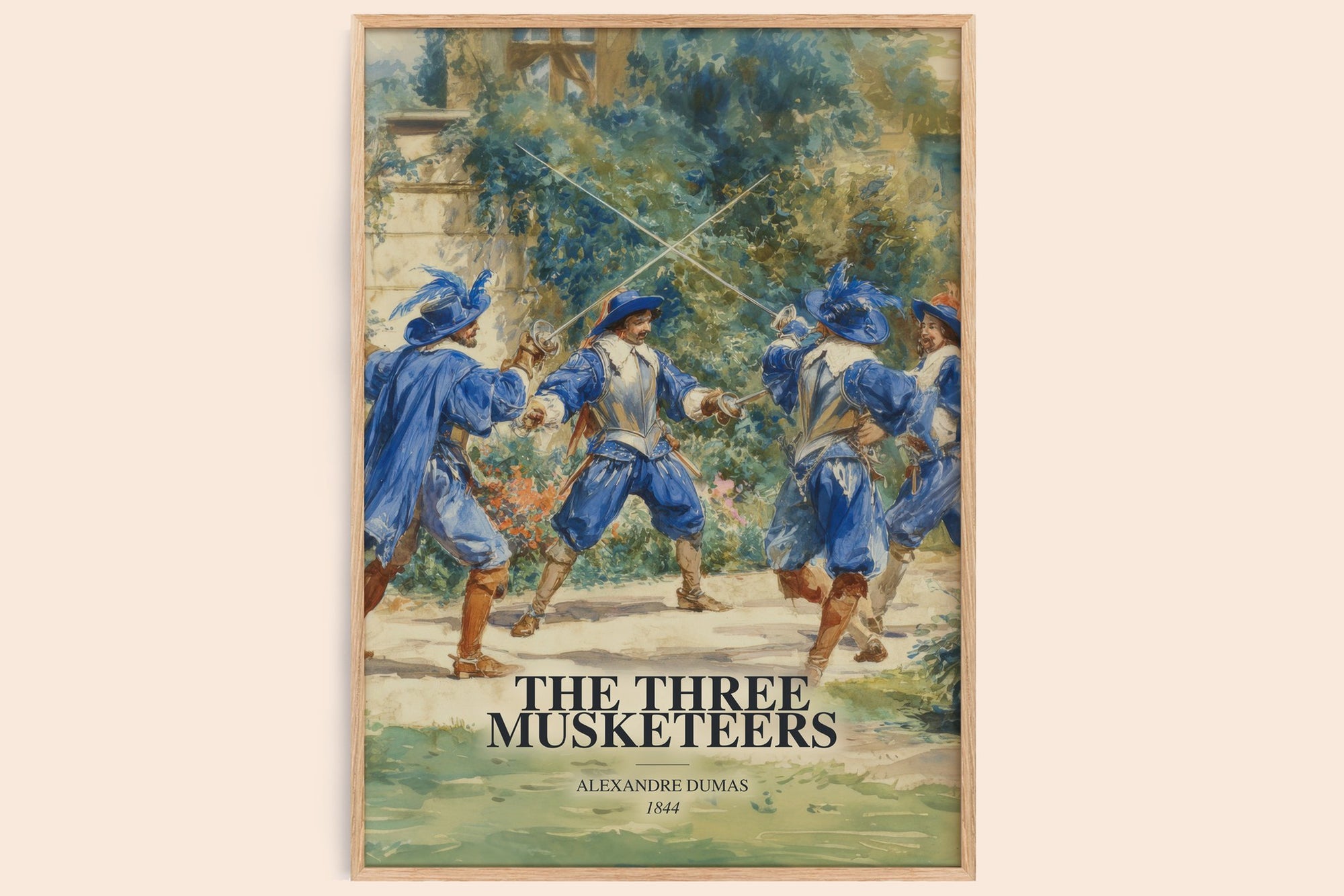 The Three Musketeers watercolour book poster by Alexandre Dumas – framed literary art print