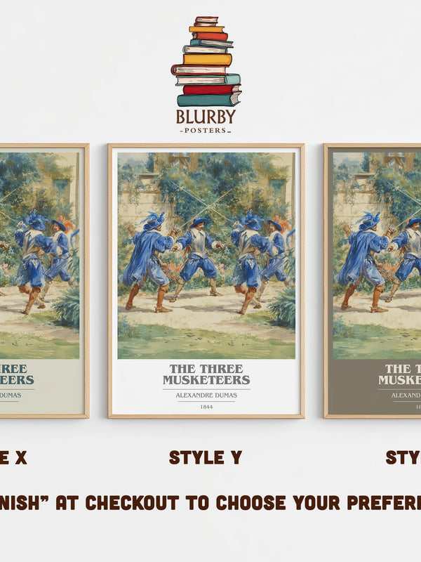 The Three Musketeers book cover print in frame leaning in hallway – adventure wall art