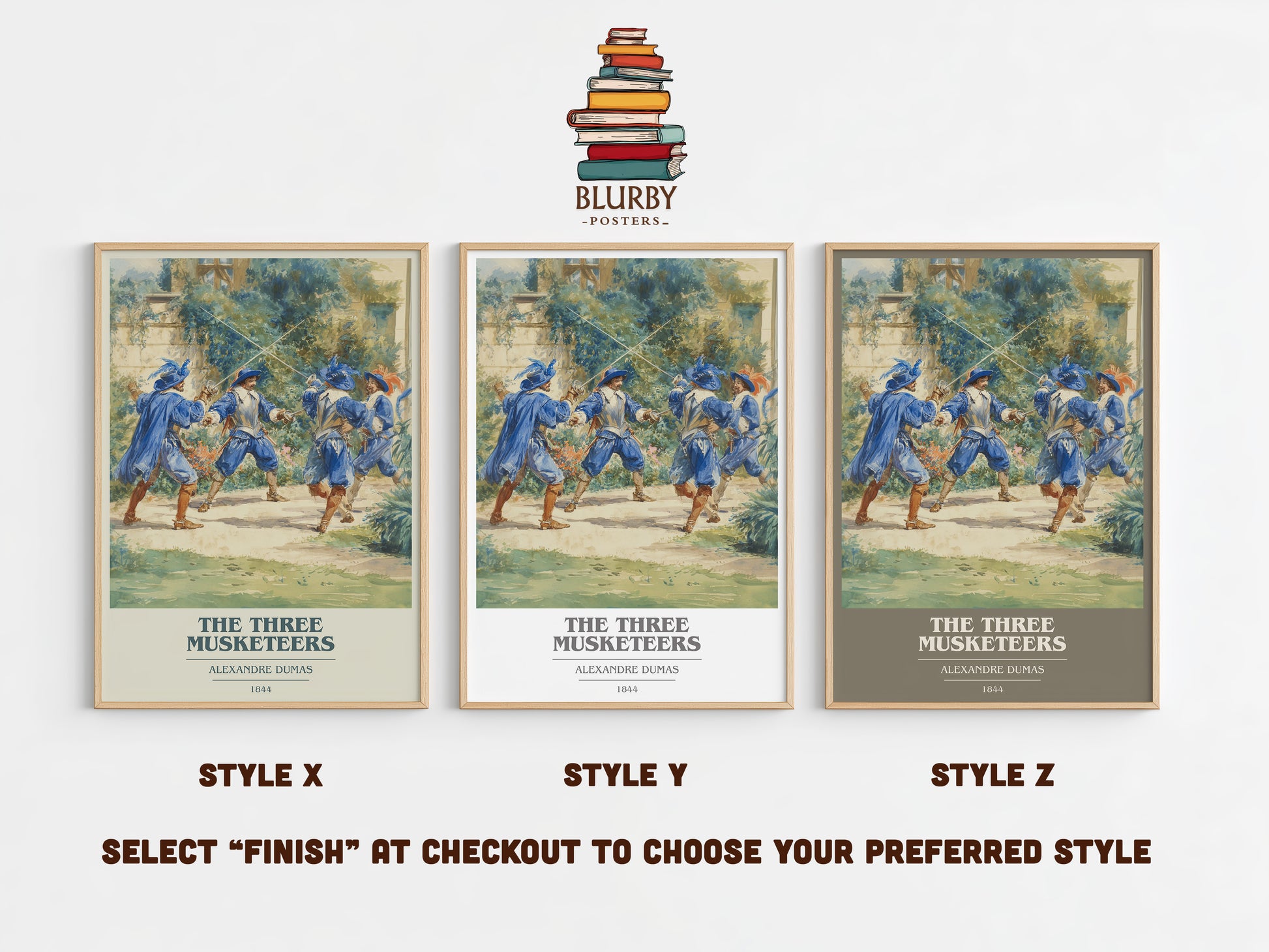 The Three Musketeers book cover print in frame leaning in hallway – adventure wall art
