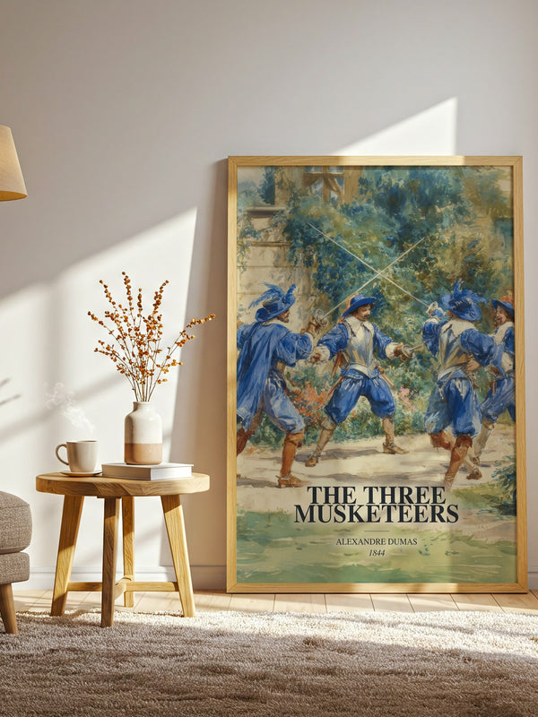 The Three Musketeers watercolour print in frame leaning in hallway – adventure wall art