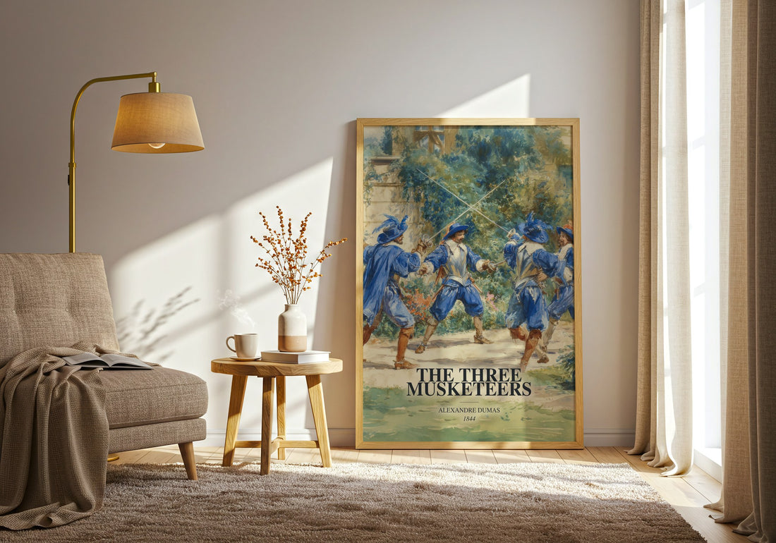 The Three Musketeers watercolour print in frame leaning in hallway – adventure wall art (mockup)