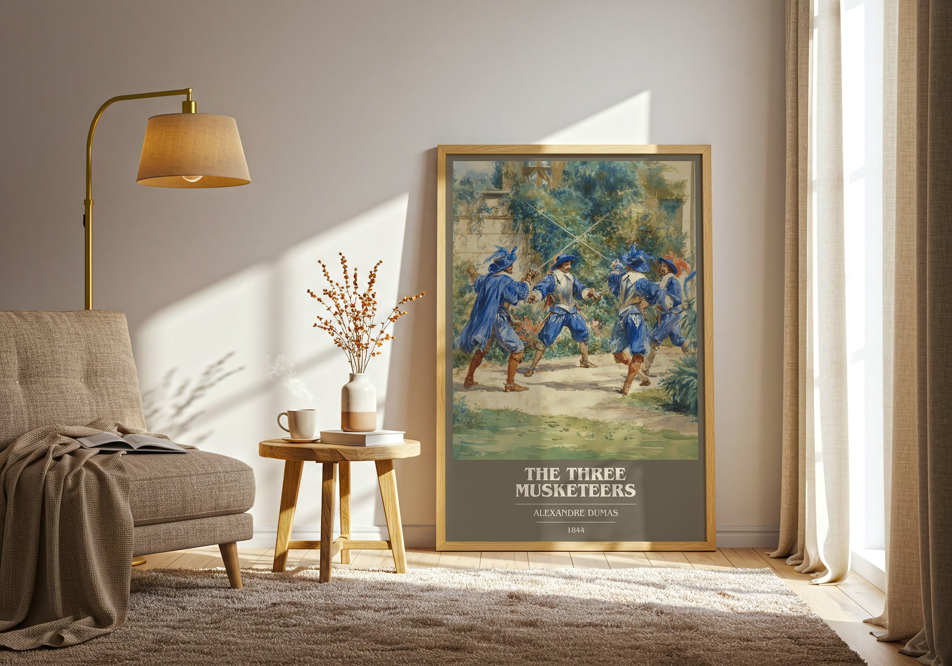 The Three Musketeers book cover print framed by window – literary home decor