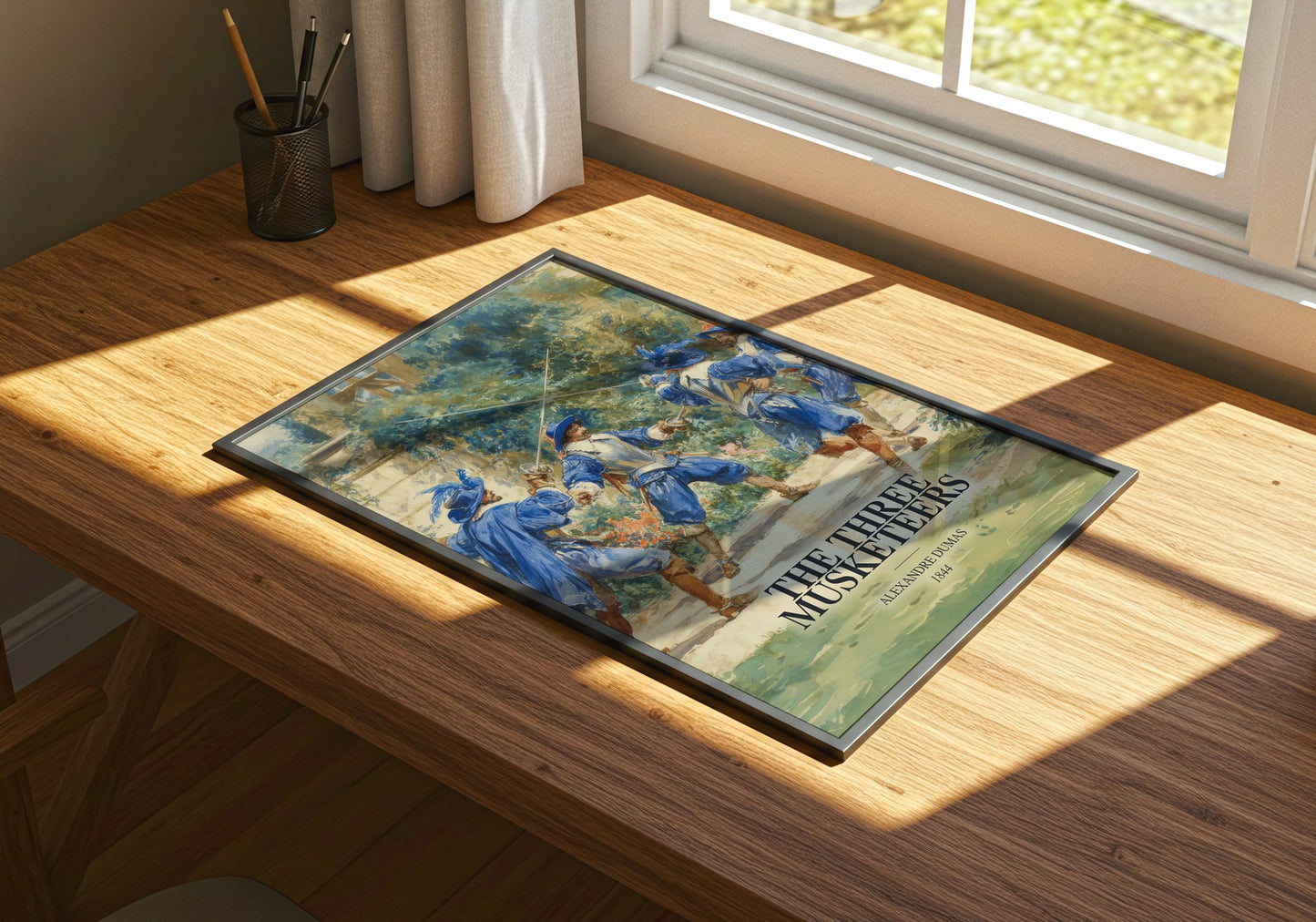 The Three Musketeers watercolour book poster framed on wall – adventure wall art