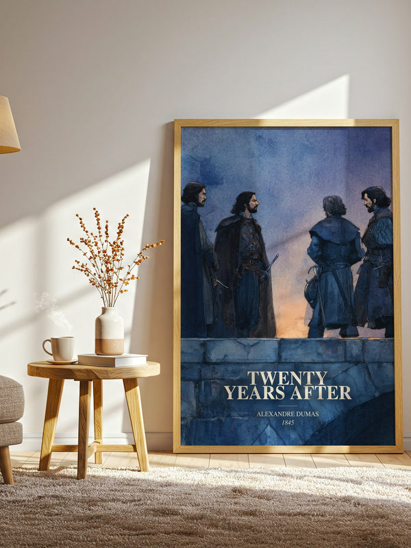 Twenty Years After watercolour print in frame leaning in hallway – historical fiction wall art
