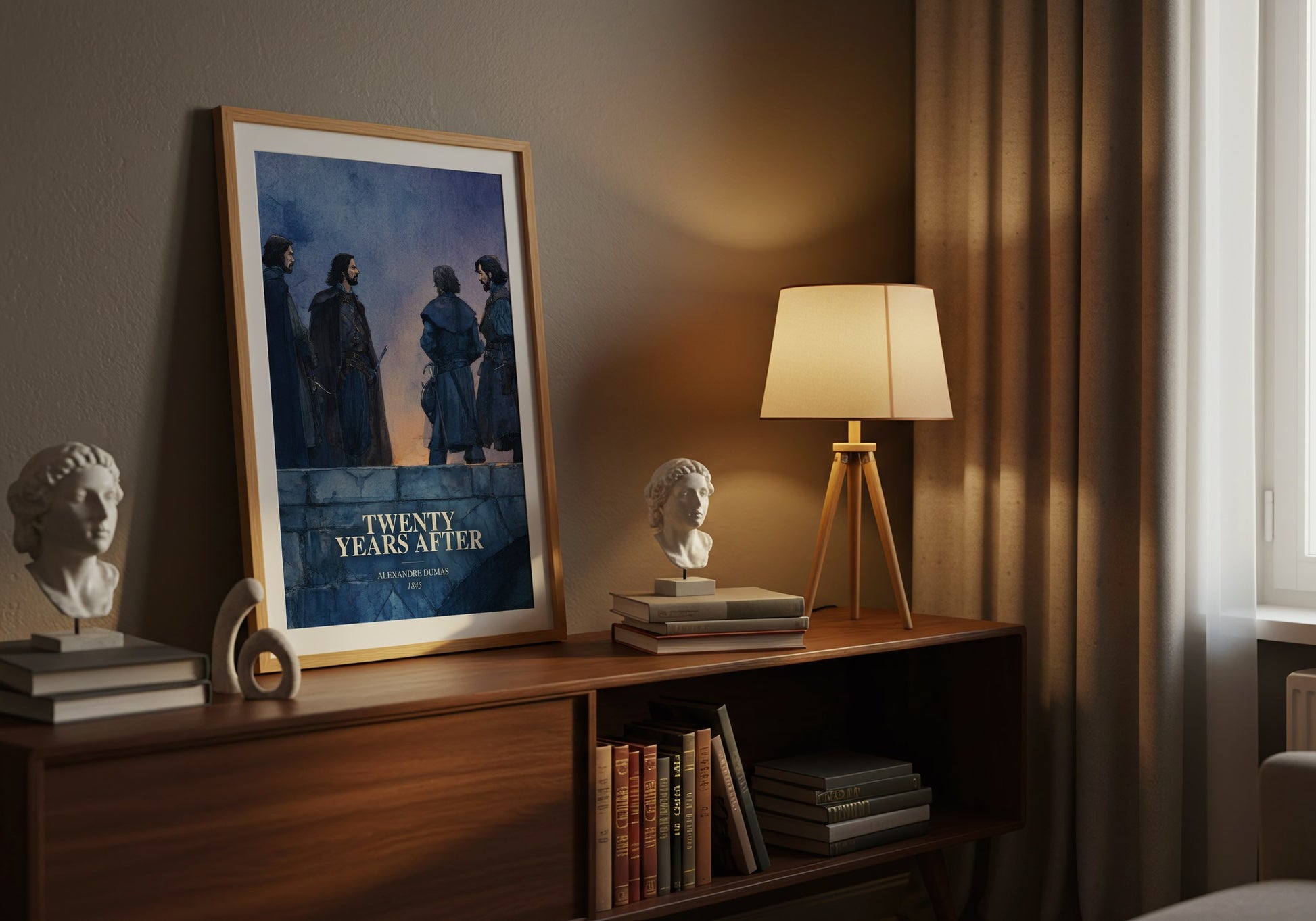 Twenty Years After watercolour print on bookshelf – Alexandre Dumas fan gift
