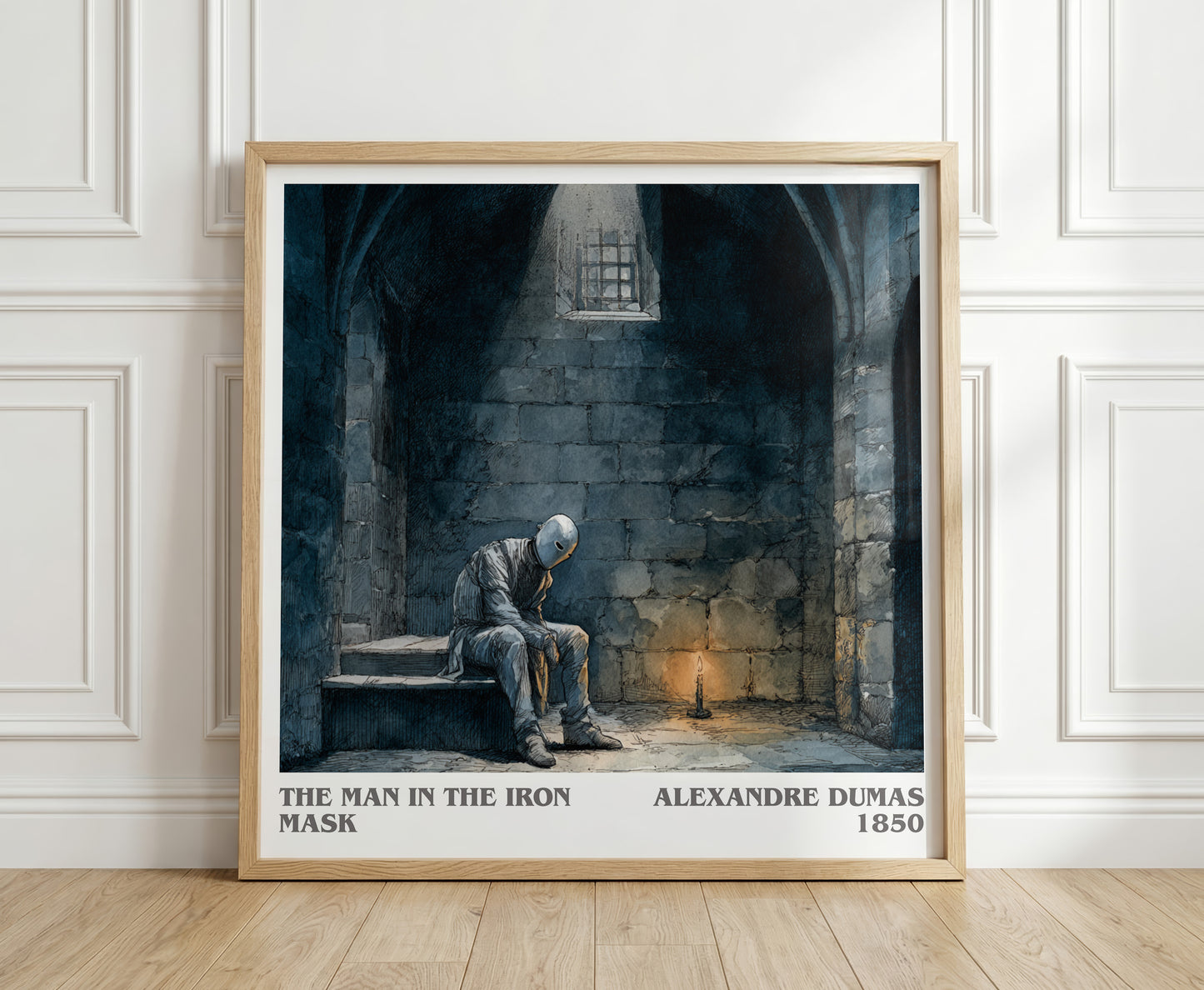 The Man in the Iron Mask literary print in frame leaning in hallway – historical fiction wall art