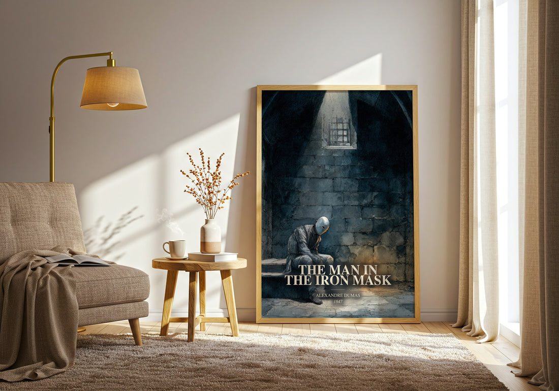 The Man In The Iron Mask watercolour print in frame leaning in hallway – historical fiction wall art (mockup)