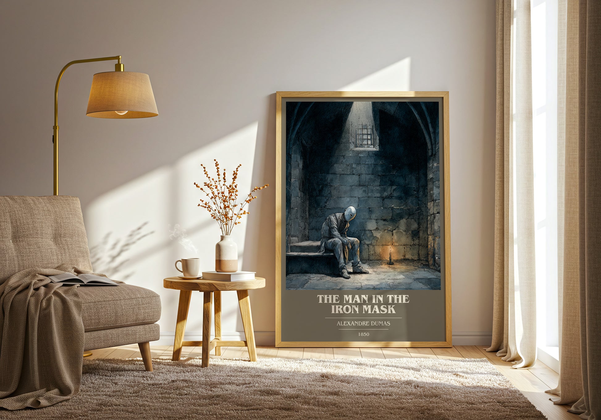 The Man in the Iron Mask book cover print framed by window – literary home decor