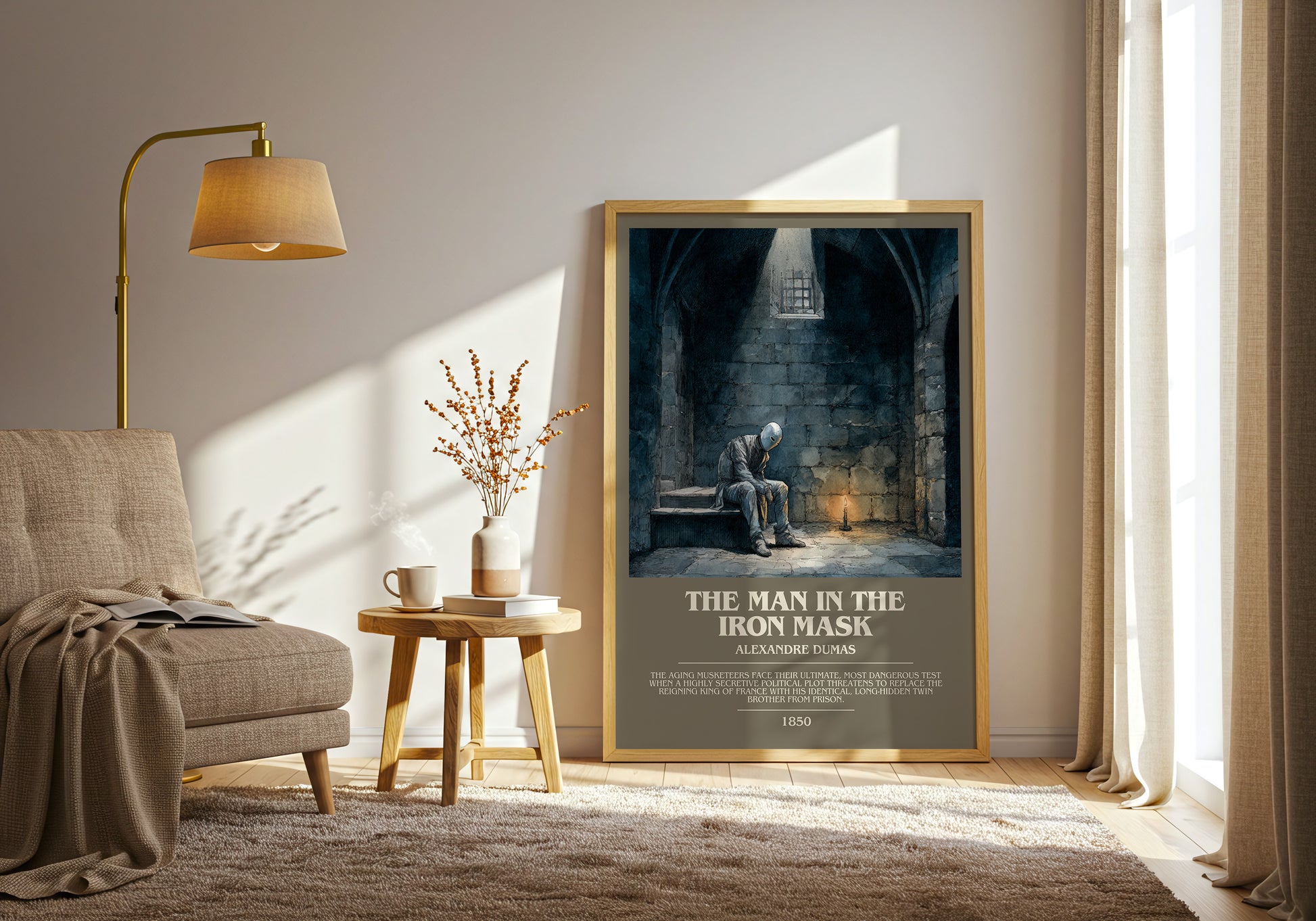 The Man in the Iron Mask bookish print framed by window – literary home decor