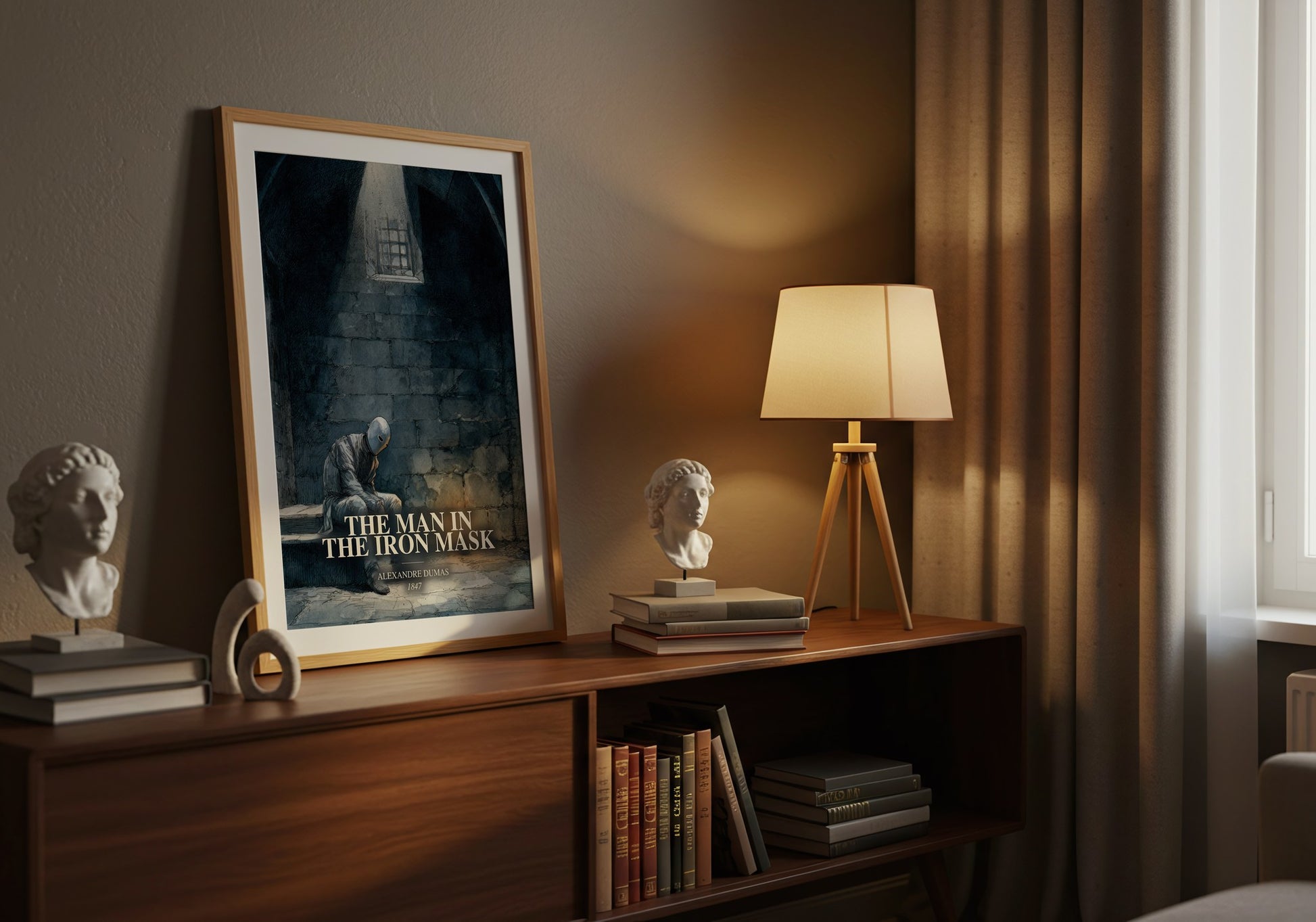 The Man In The Iron Mask watercolour print on bookshelf – Alexandre Dumas fan gift