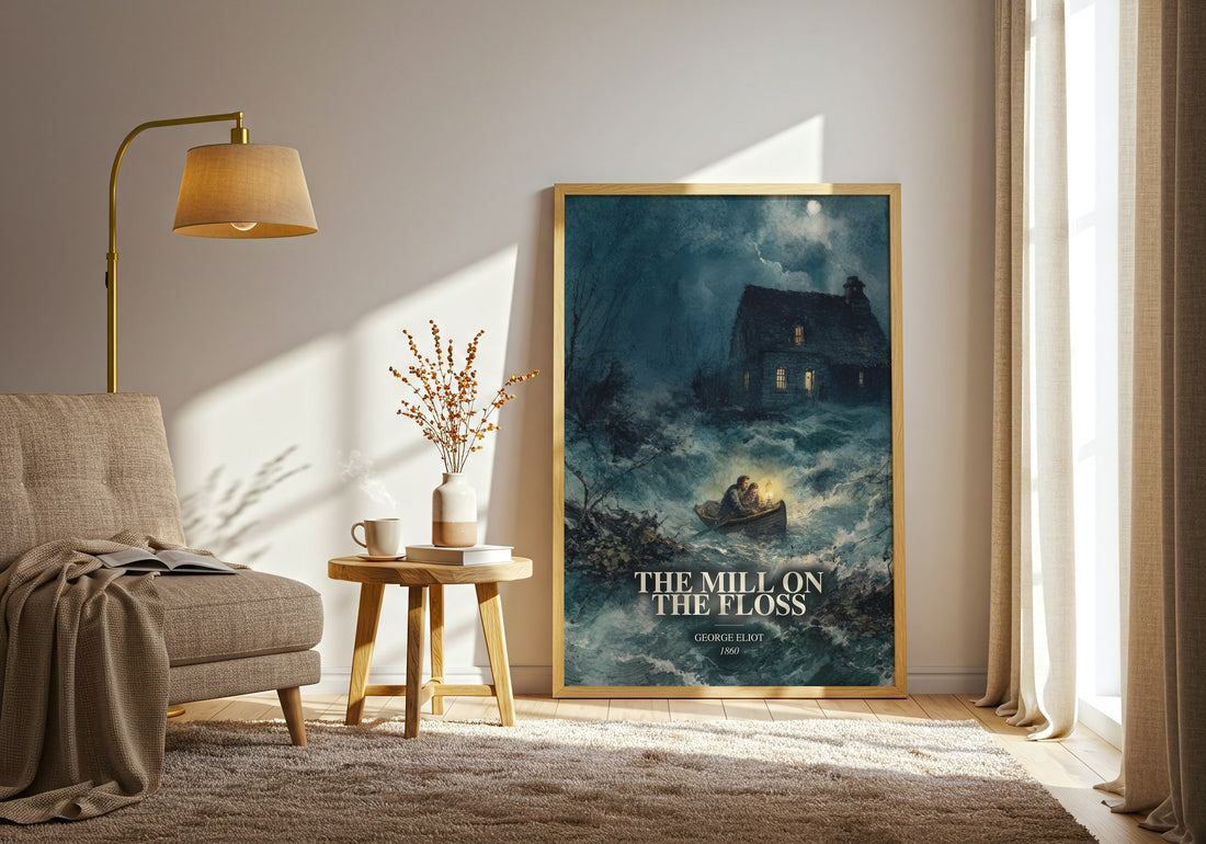 The Mill On The Floss watercolour print in frame leaning in hallway – classic literature wall art (mockup)