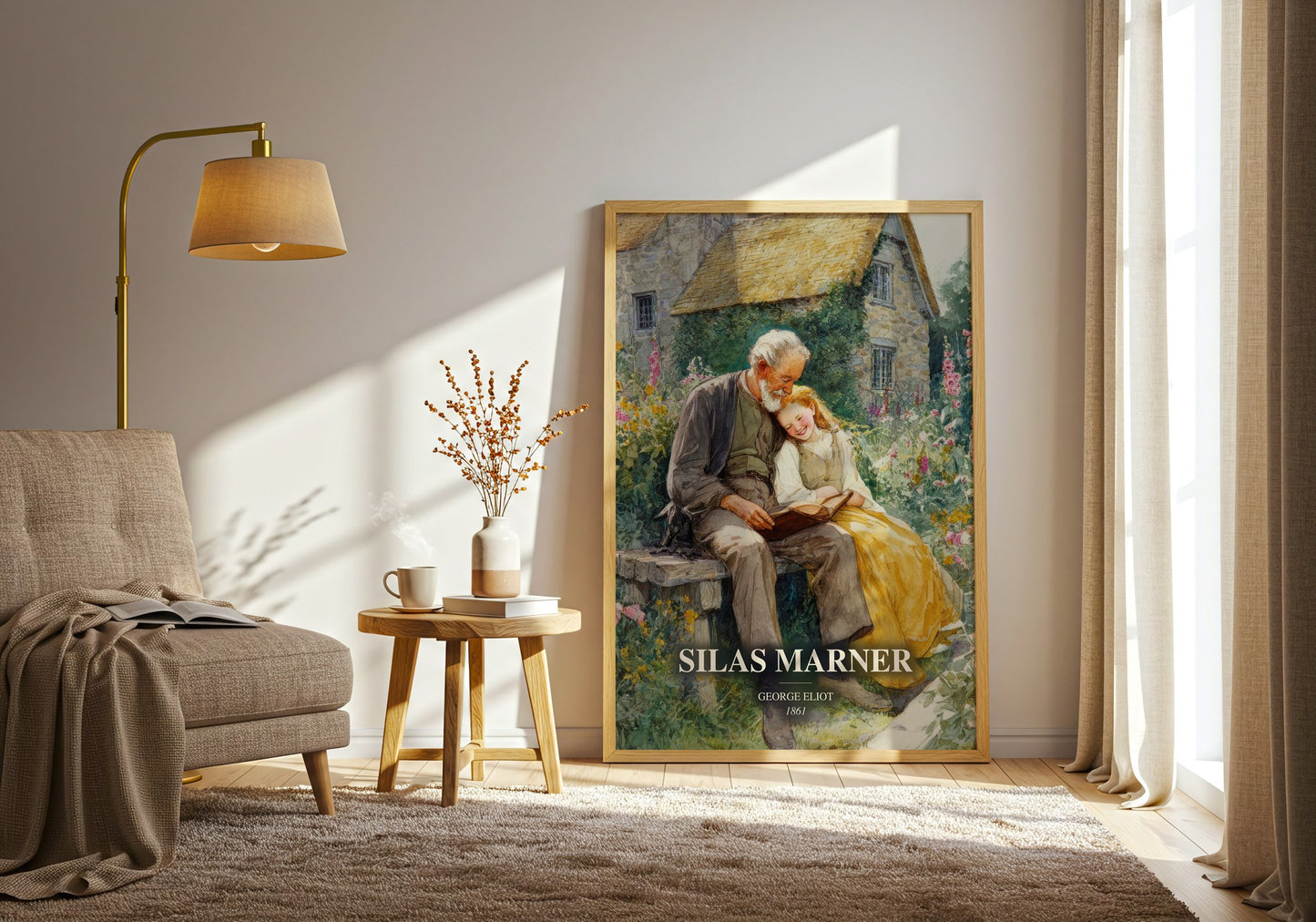Silas Marner watercolour print in frame leaning in hallway – classic literature wall art