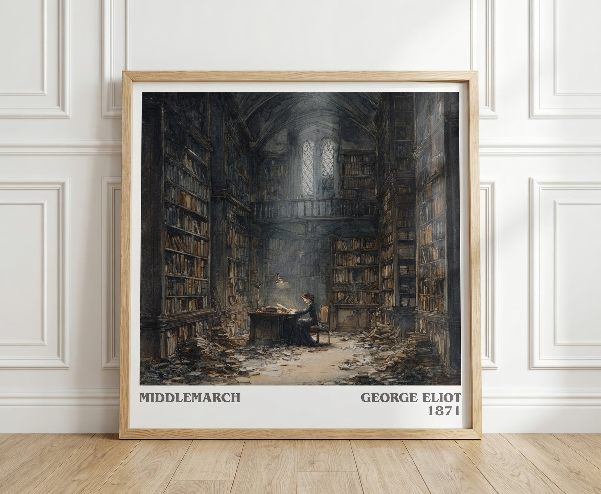 Middlemarch literary print in frame leaning in hallway – classic literature wall art
