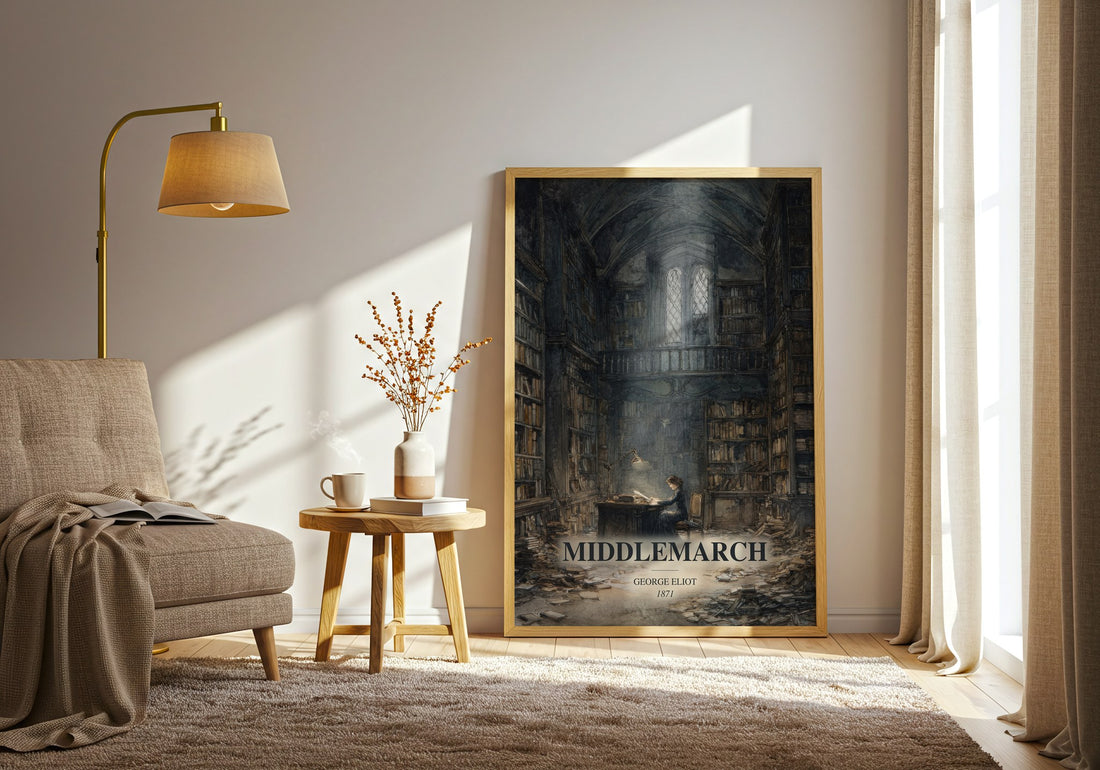 Middlemarch watercolour print in frame leaning in hallway – classic literature wall art (mockup)
