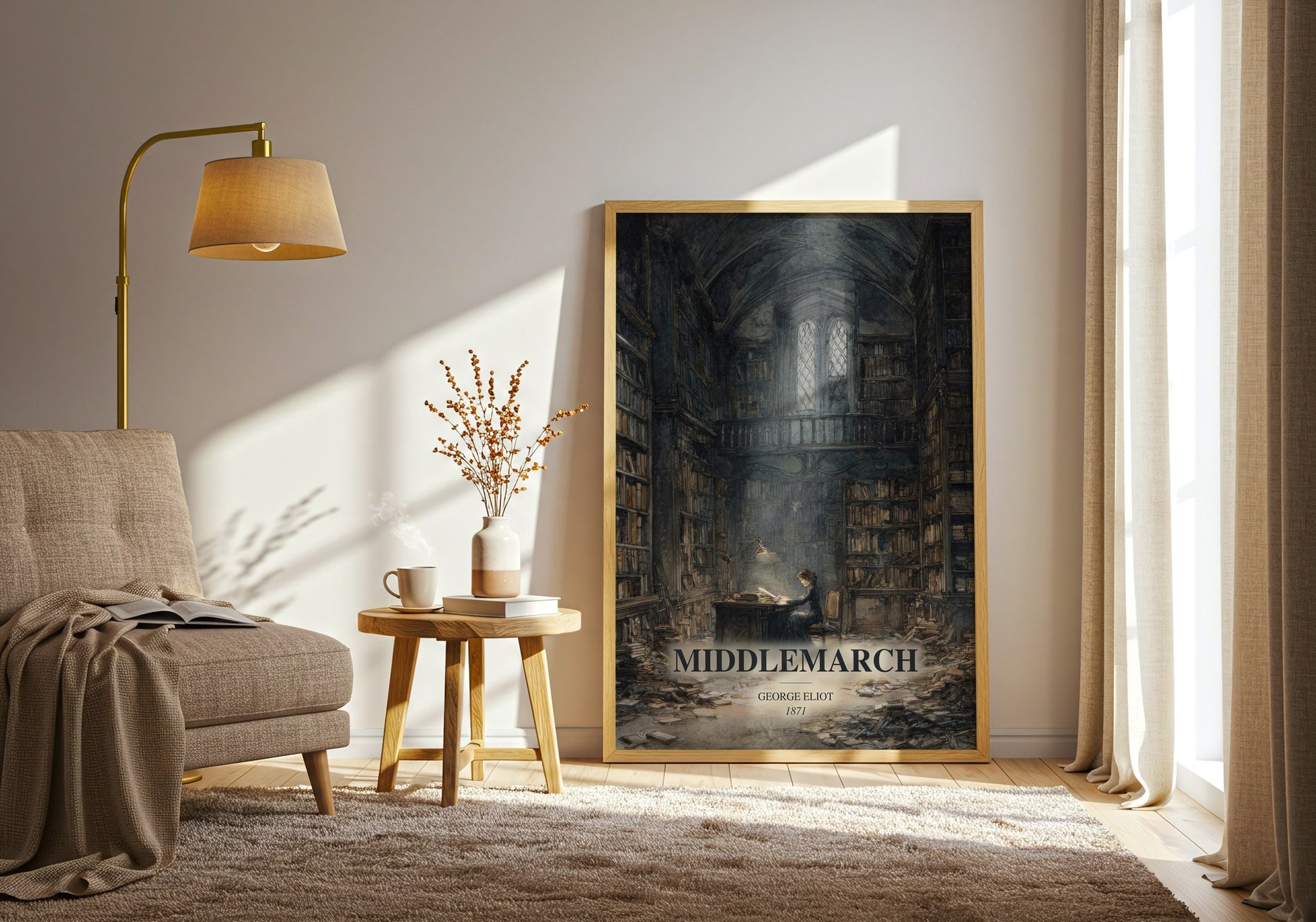 Middlemarch watercolour print in frame leaning in hallway – classic literature wall art