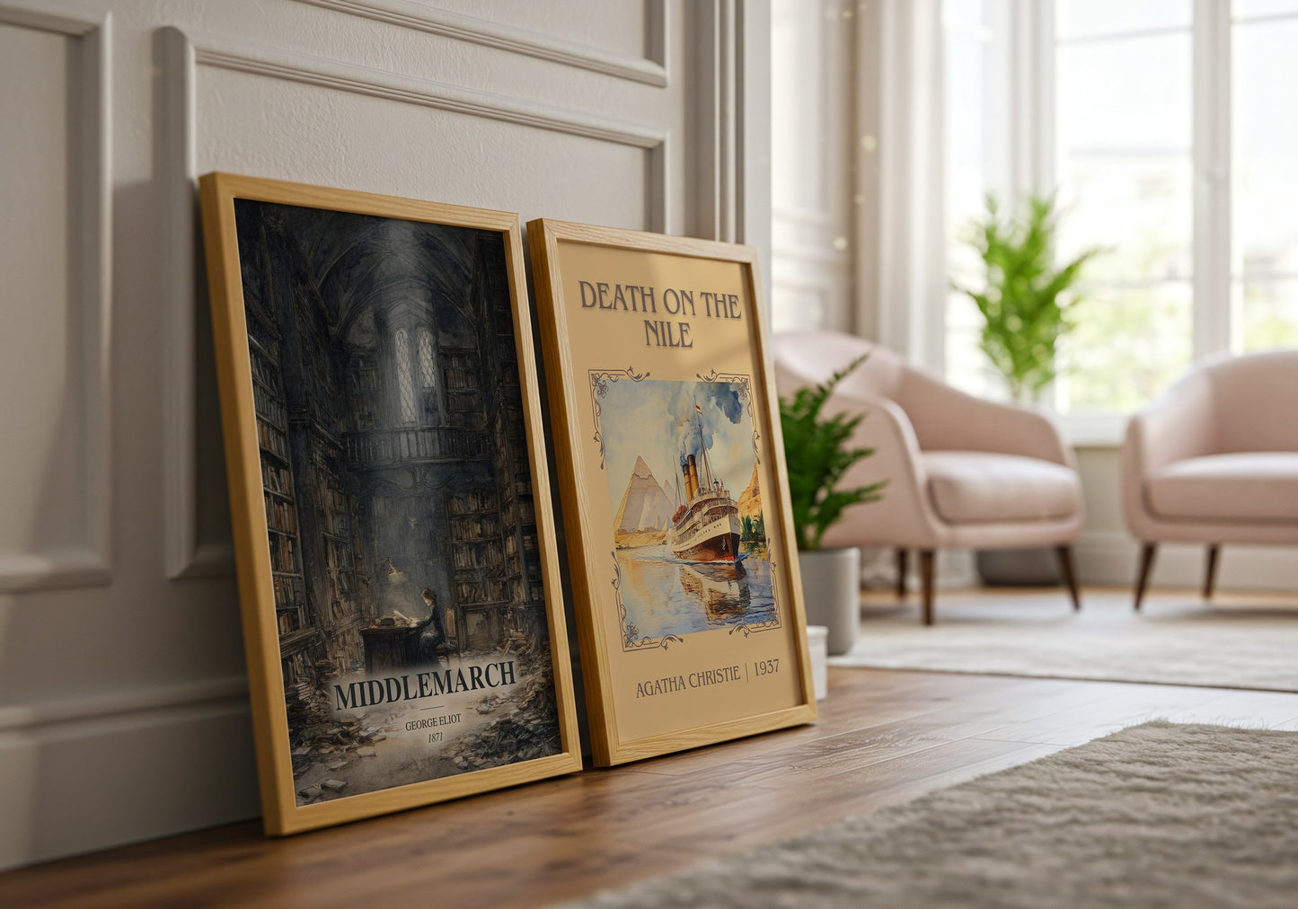 Middlemarch watercolour print framed by window – literary home decor