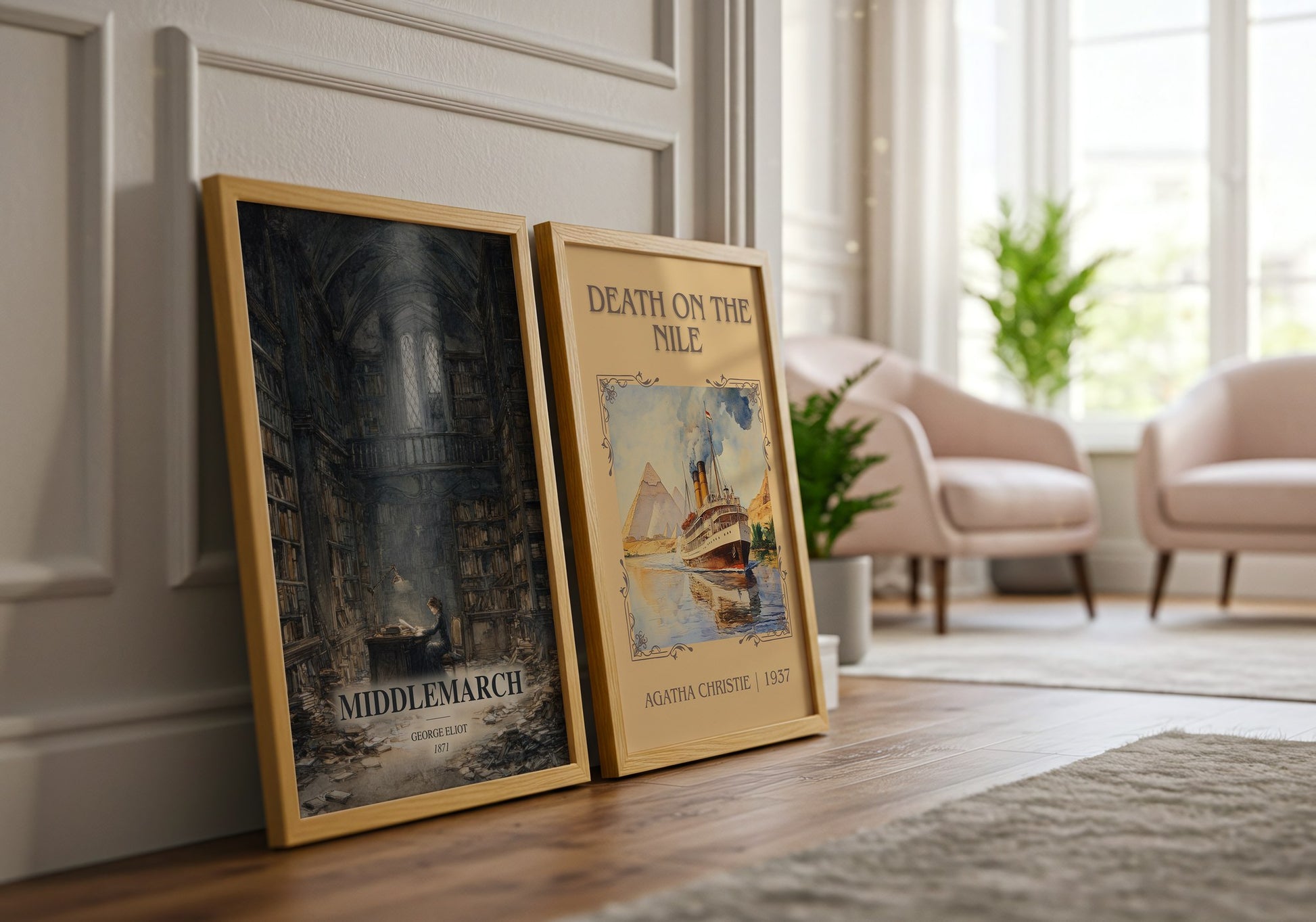 Middlemarch watercolour print framed by window – literary home decor