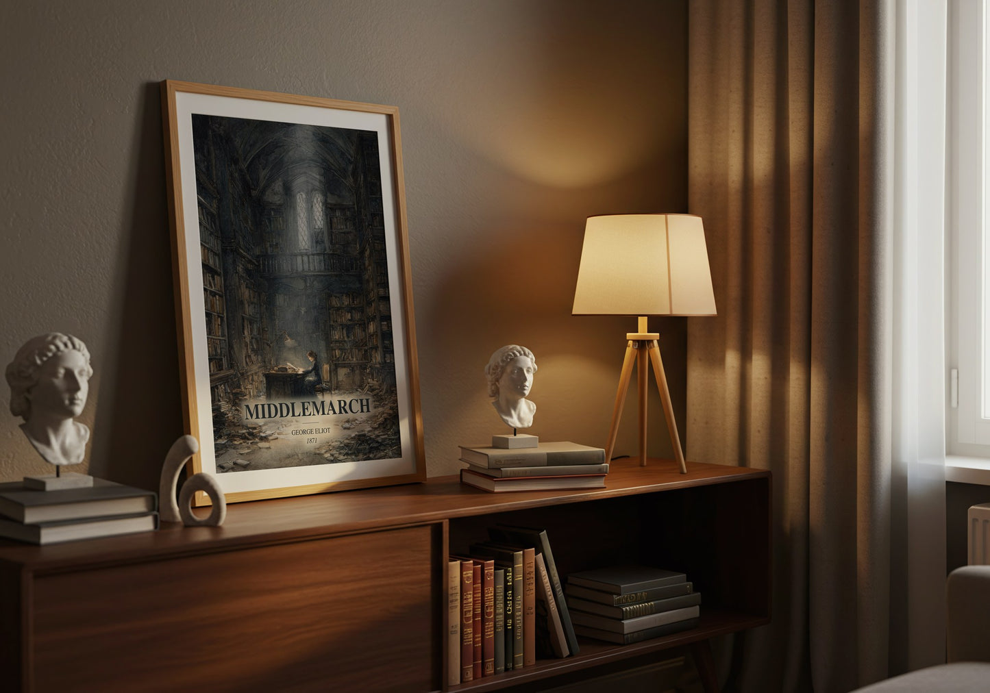Middlemarch watercolour print on bookshelf – George Eliot fan gift