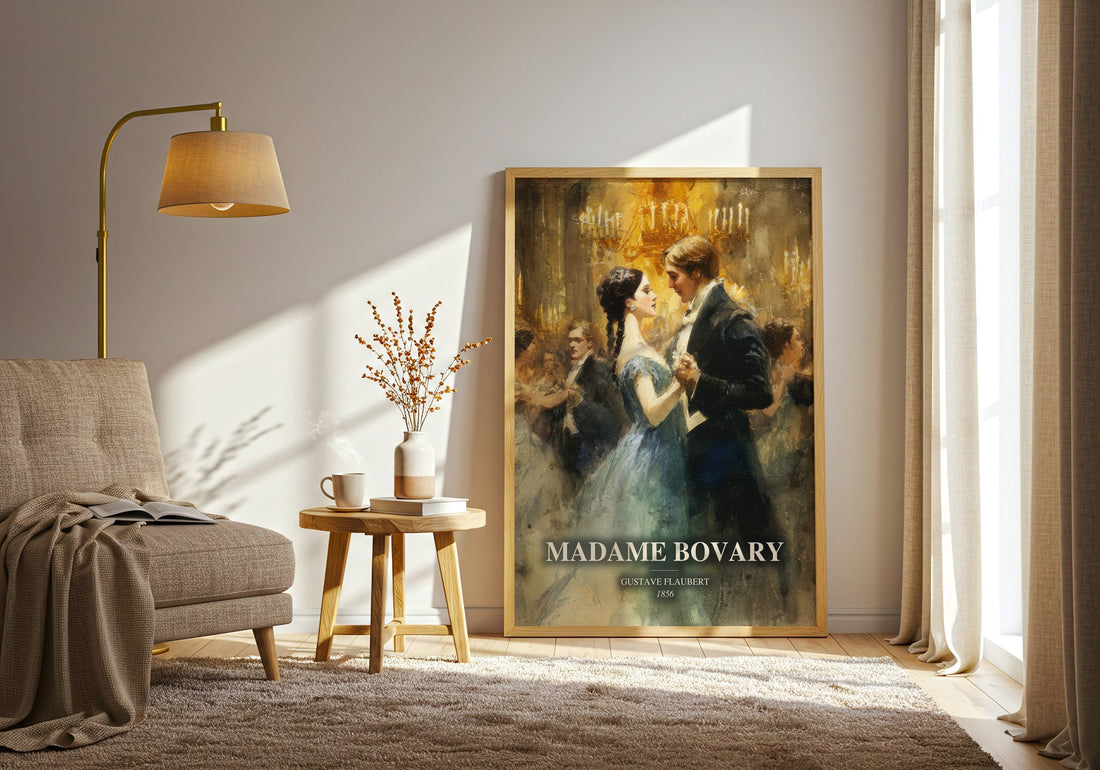 Madame Bovary watercolour print in frame leaning in hallway – classic literature wall art (mockup)