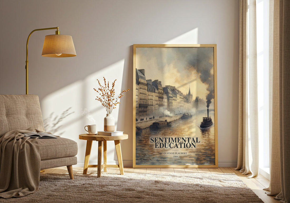 Sentimental Education watercolour print in frame leaning in hallway – classic literature wall art (mockup)