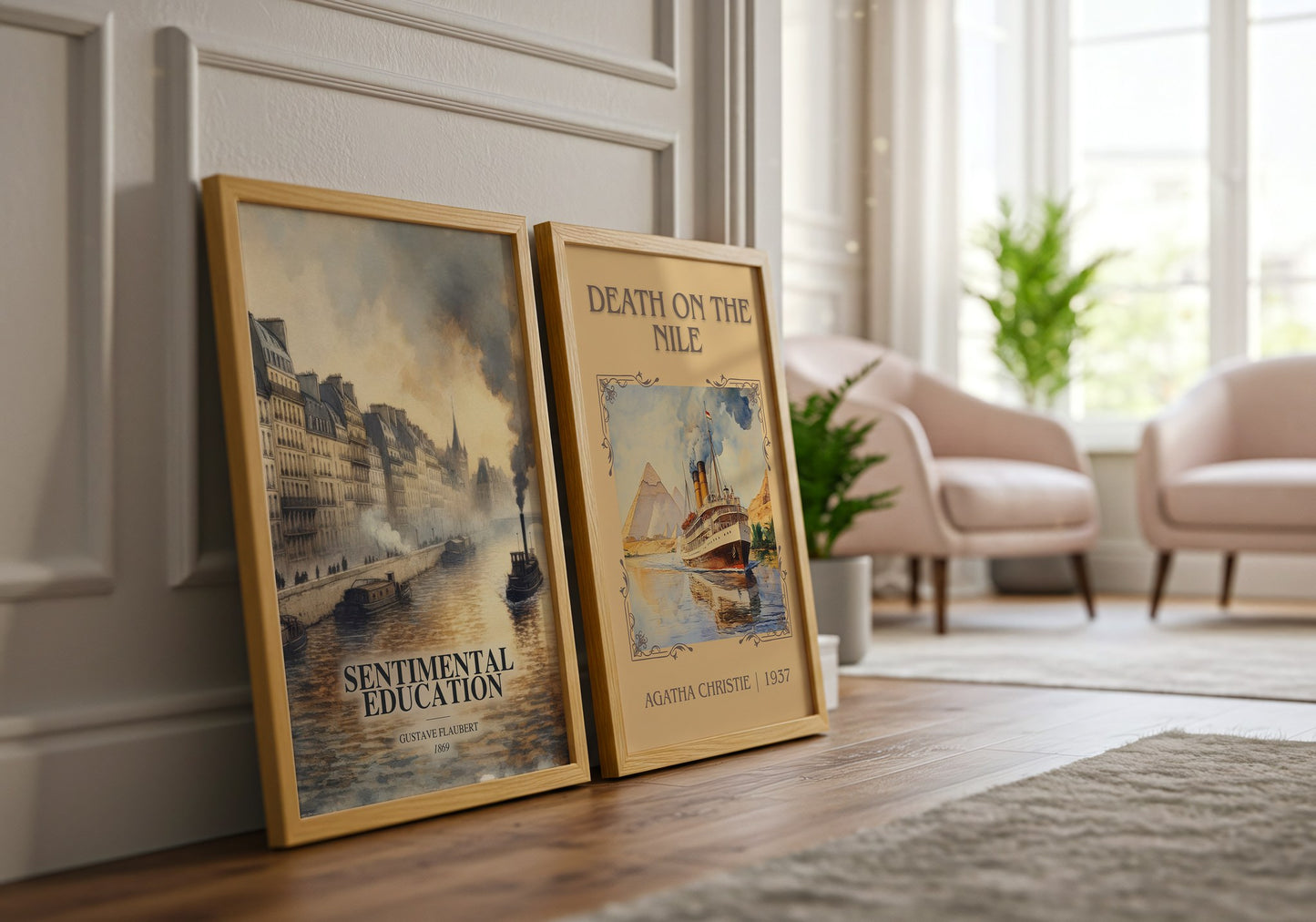 Sentimental Education watercolour print framed by window – literary home decor