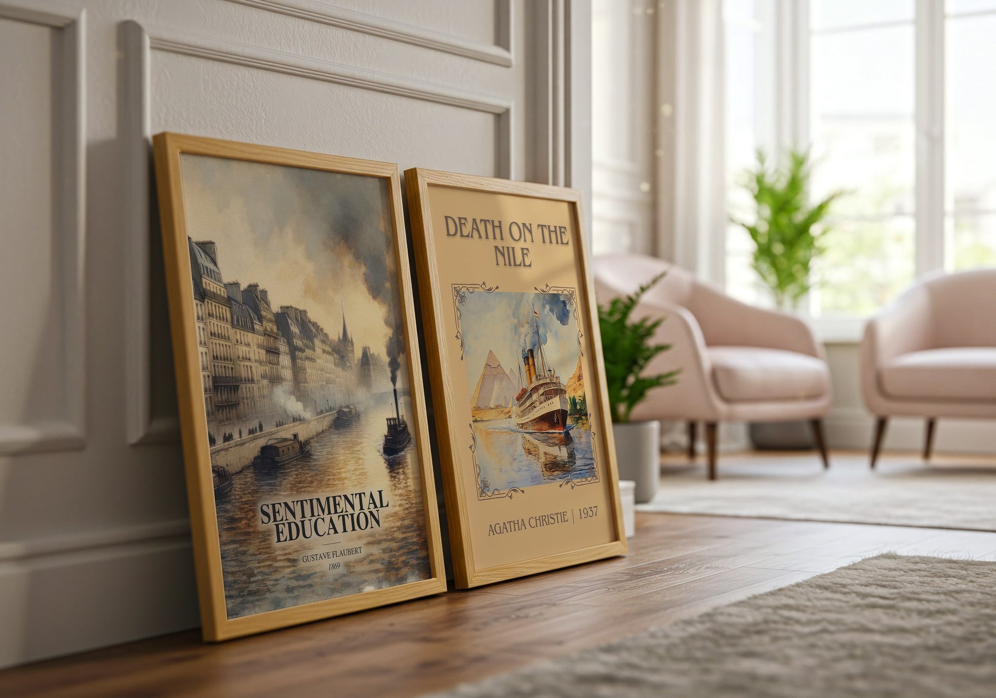 Sentimental Education watercolour print framed by window – literary home decor