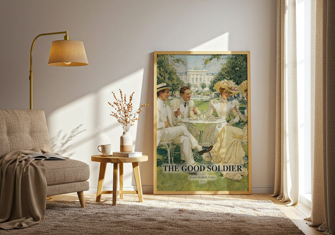 The Good Soldier watercolour print in frame leaning in hallway – classic literature wall art (mockup)