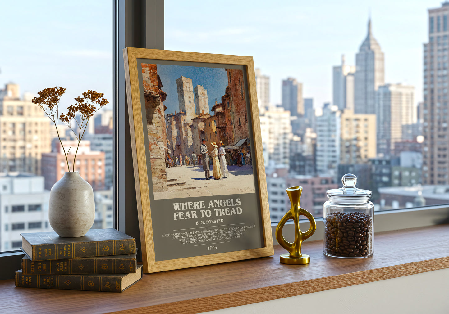 Where Angels Fear to Tread bookish print framed by window – literary home decor