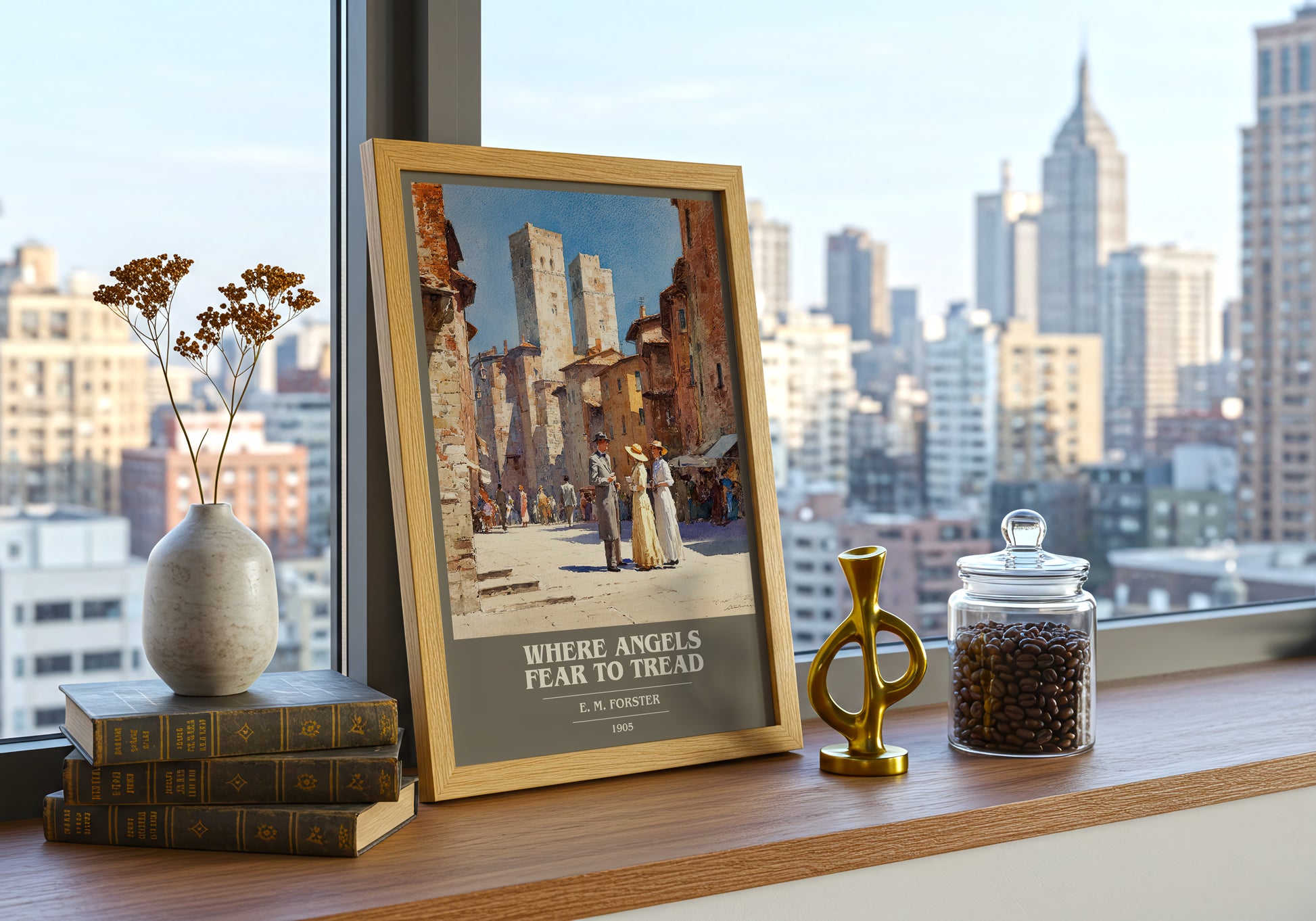 Where Angels Fear to Tread book cover print framed by window – literary home decor