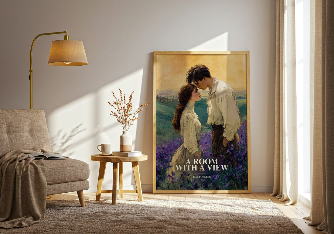 A Room With A View watercolour print in frame leaning in hallway – classic literature wall art (mockup)