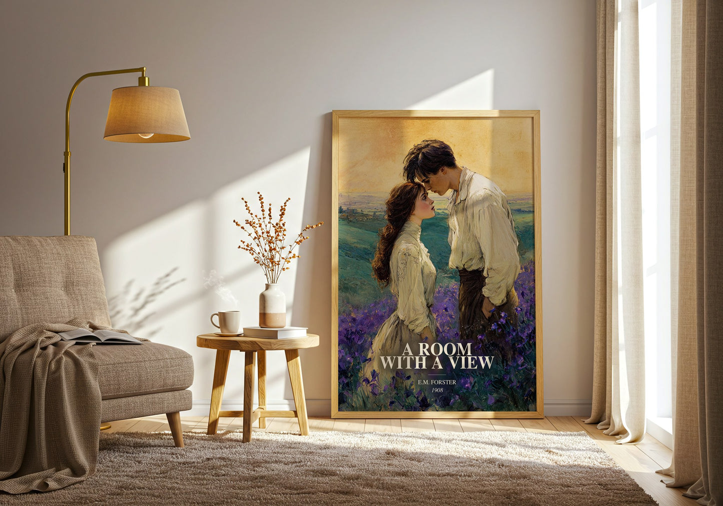 A Room With A View watercolour print in frame leaning in hallway – classic literature wall art