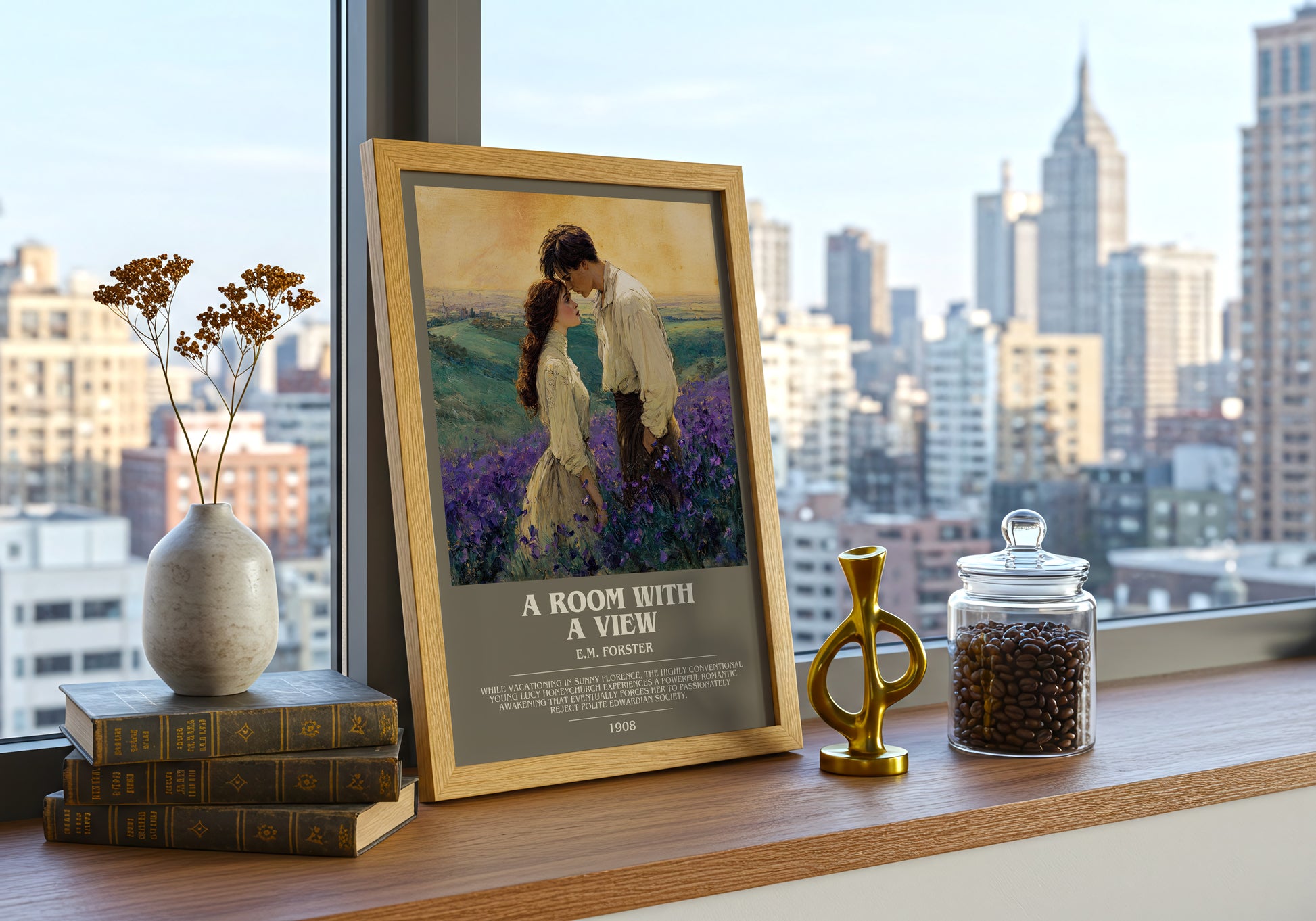 A Room With A View bookish print framed by window – literary home decor