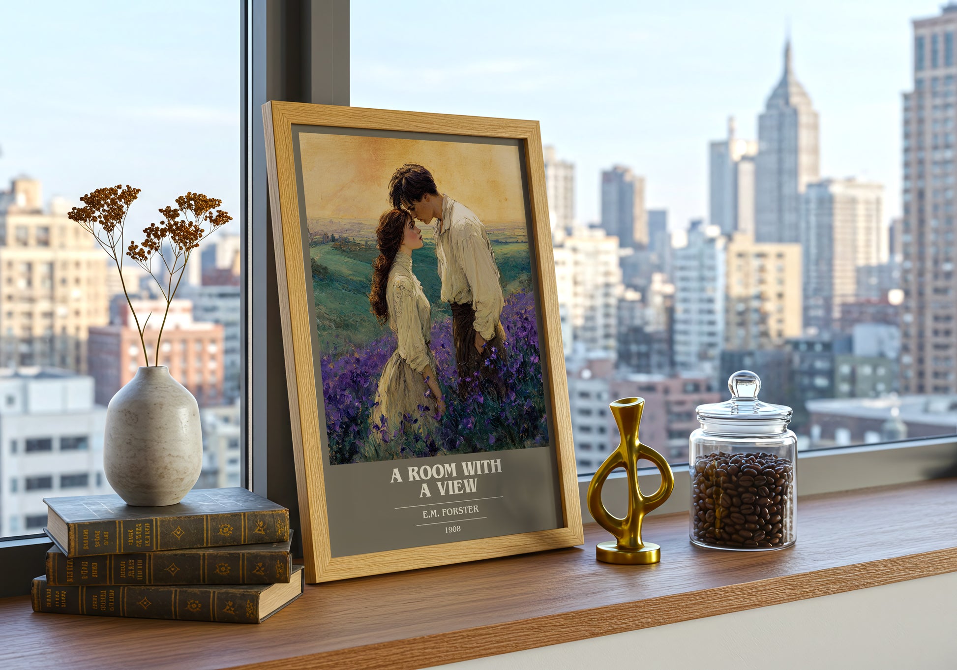 A Room With A View book cover print framed by window – literary home decor