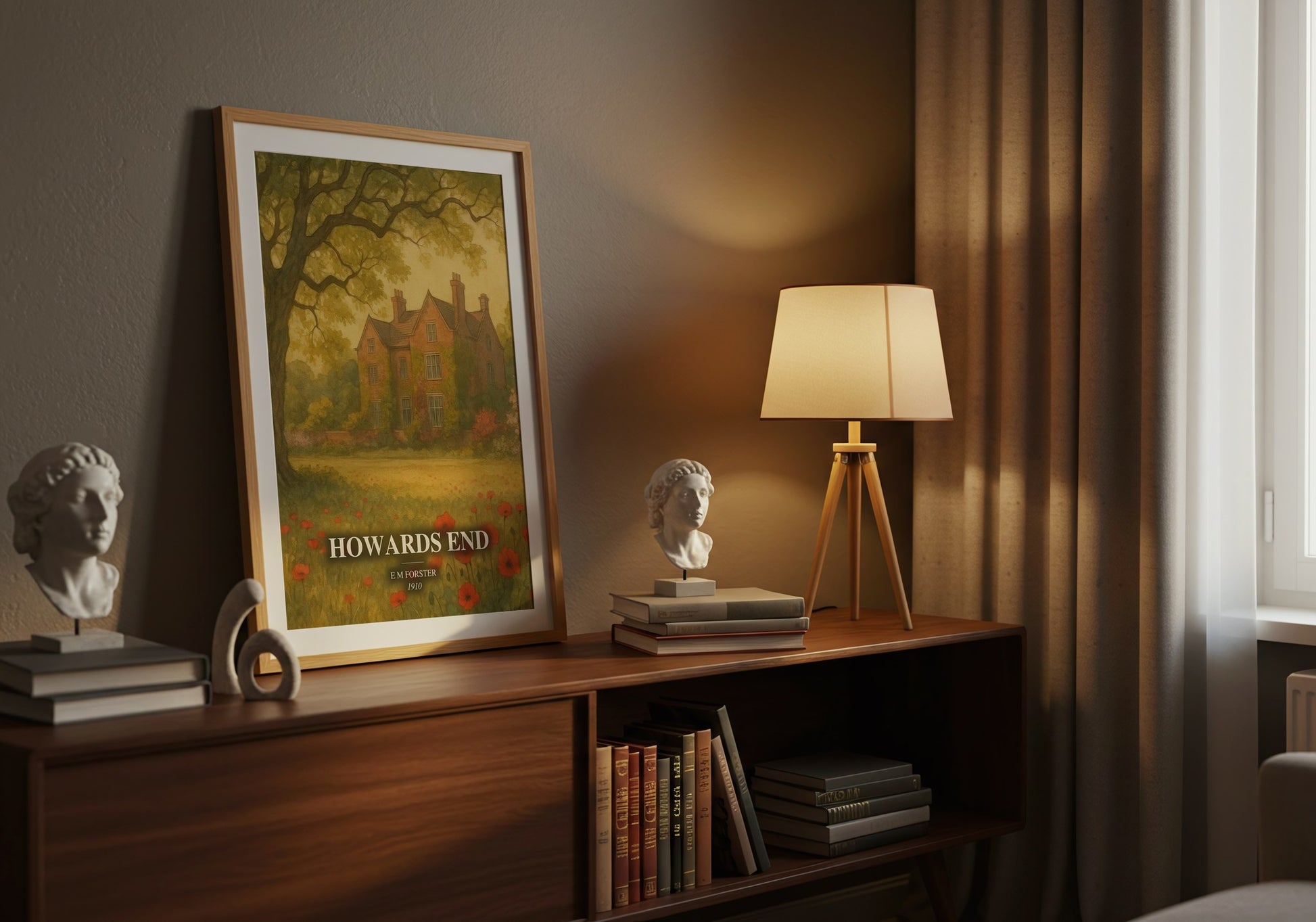 Howards End watercolour print on bookshelf – E M Forster fan gift
