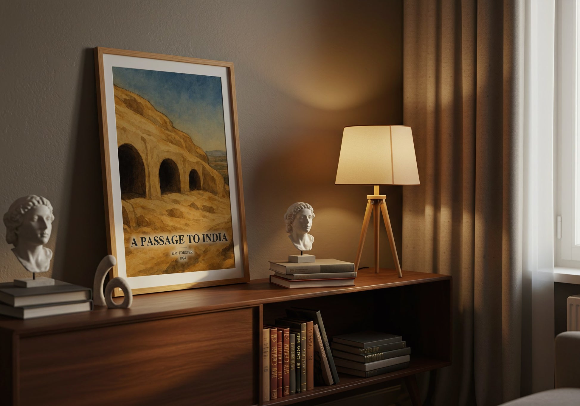 A Passage To India watercolour print on bookshelf – E.M. Forster fan gift