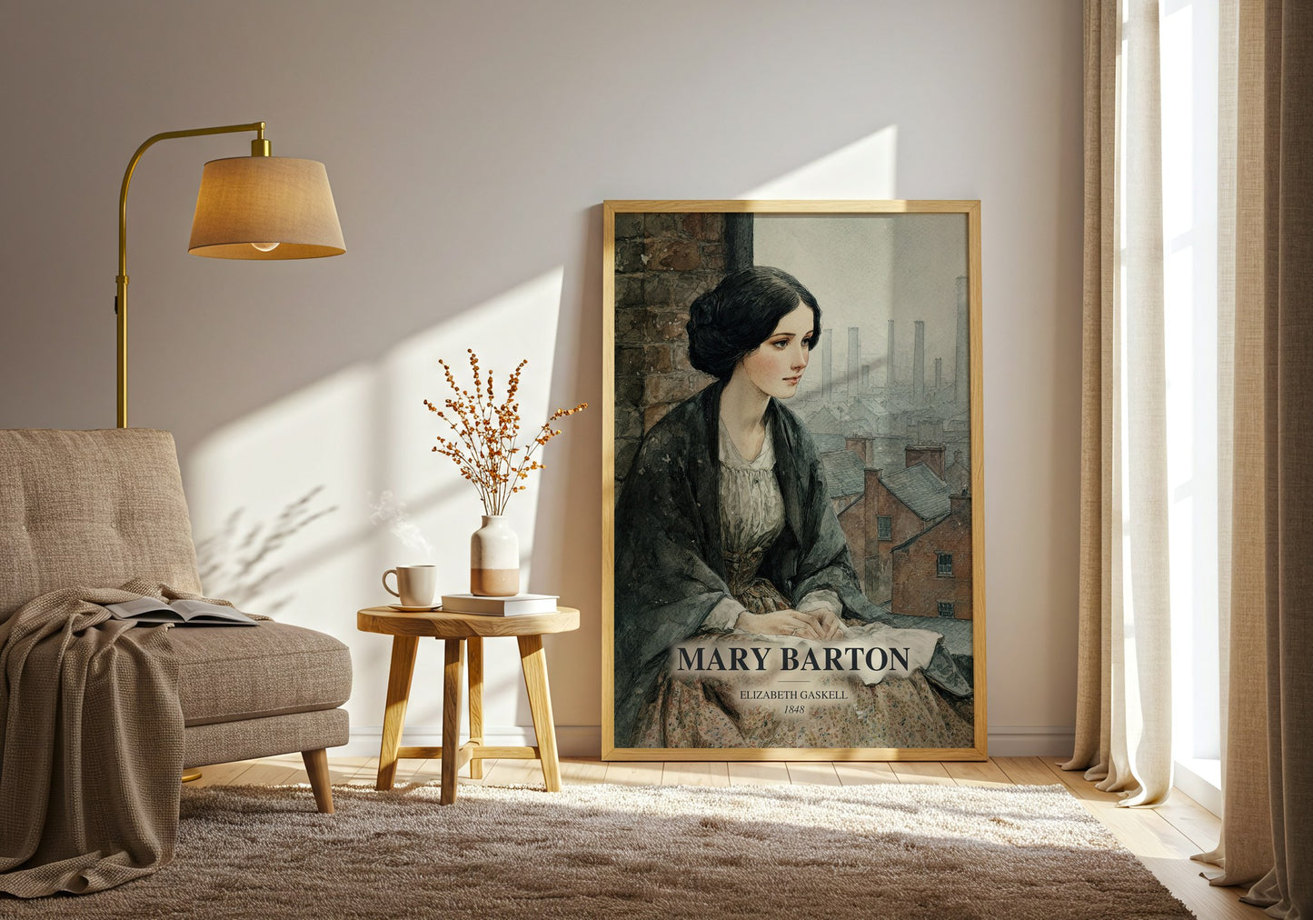 Mary Barton watercolour print in frame leaning in hallway – historical fiction wall art