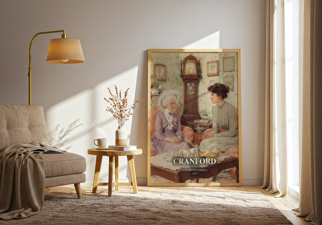 Cranford watercolour print in frame leaning in hallway – classic literature wall art (mockup)