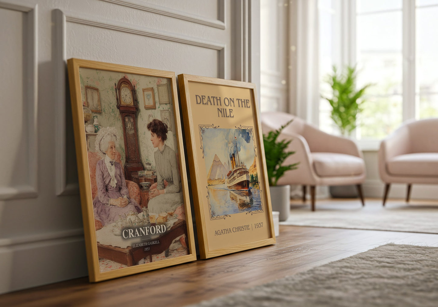 Cranford watercolour print framed by window – literary home decor