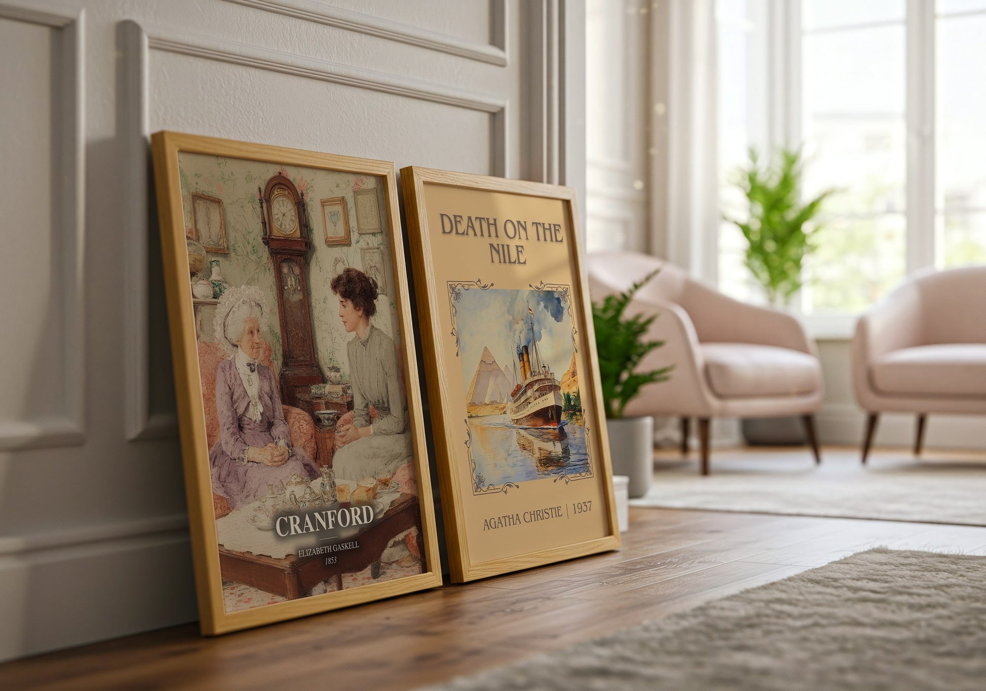 Cranford watercolour print framed by window – literary home decor